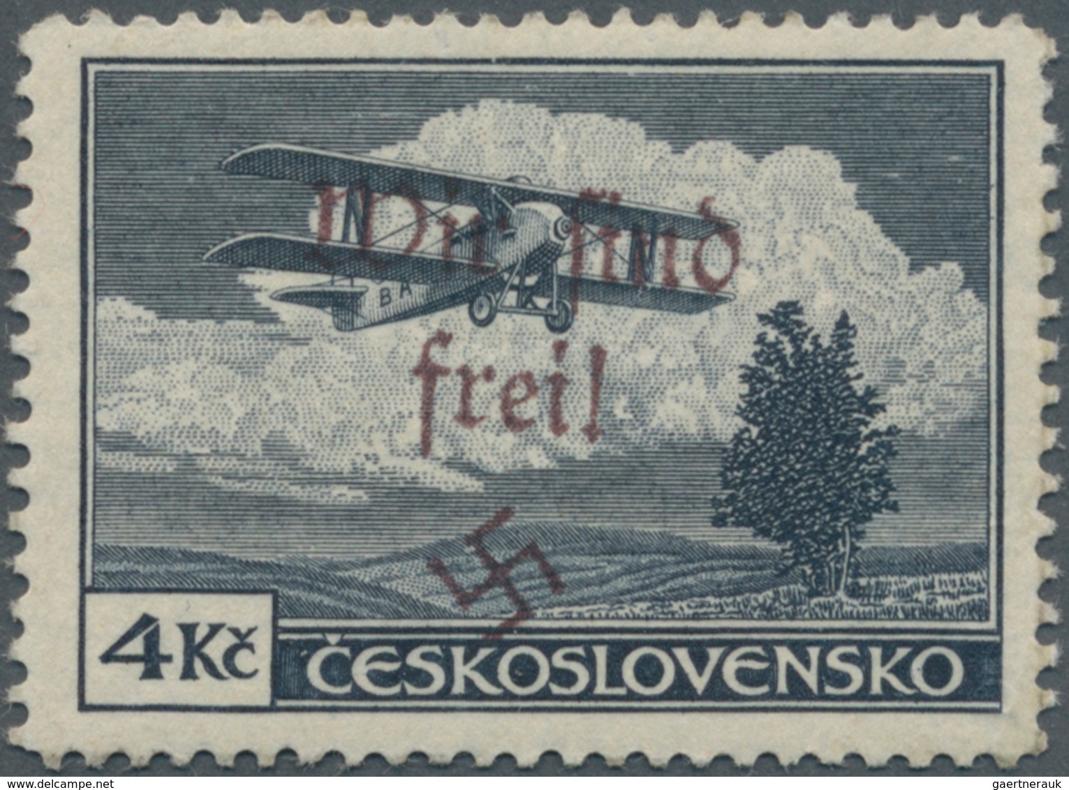 Sudetenland - Maffersdorf: Flugpostausgabe "Doppeldecker Smolík S 19", 4 Kč, Indigoschiefer, Gezähnt - Sudetenland