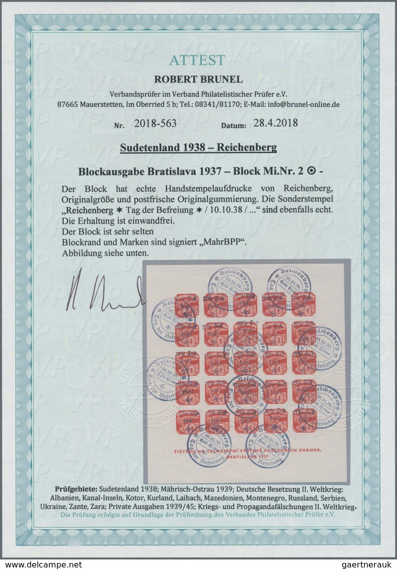 Sudetenland - Reichenberg: Blockausgabe "Briefmarkenausstellung Preßburg (Bratislava) 1937", Postfri - Sudetenland