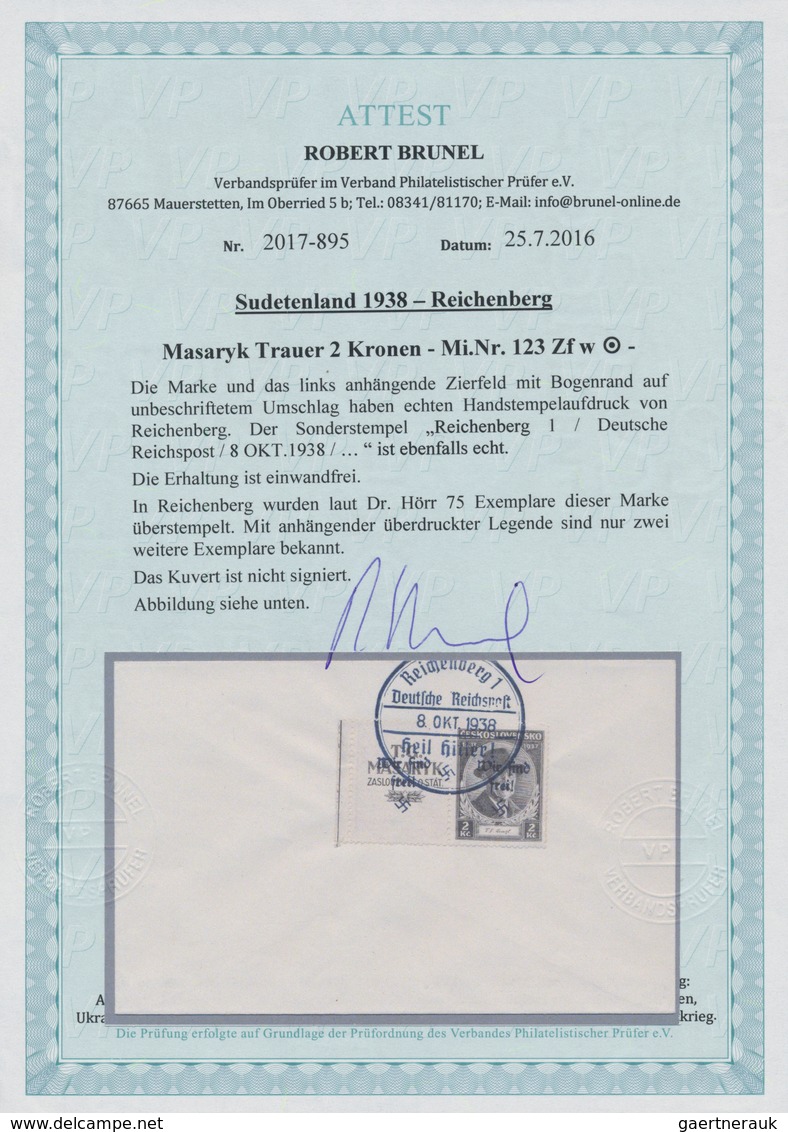 Sudetenland - Reichenberg: 1938, 2 Kc. Tod Von Masaryk Mit Zierfeld Links (dieses Ohne Aufdruck) Und - Sudetenland