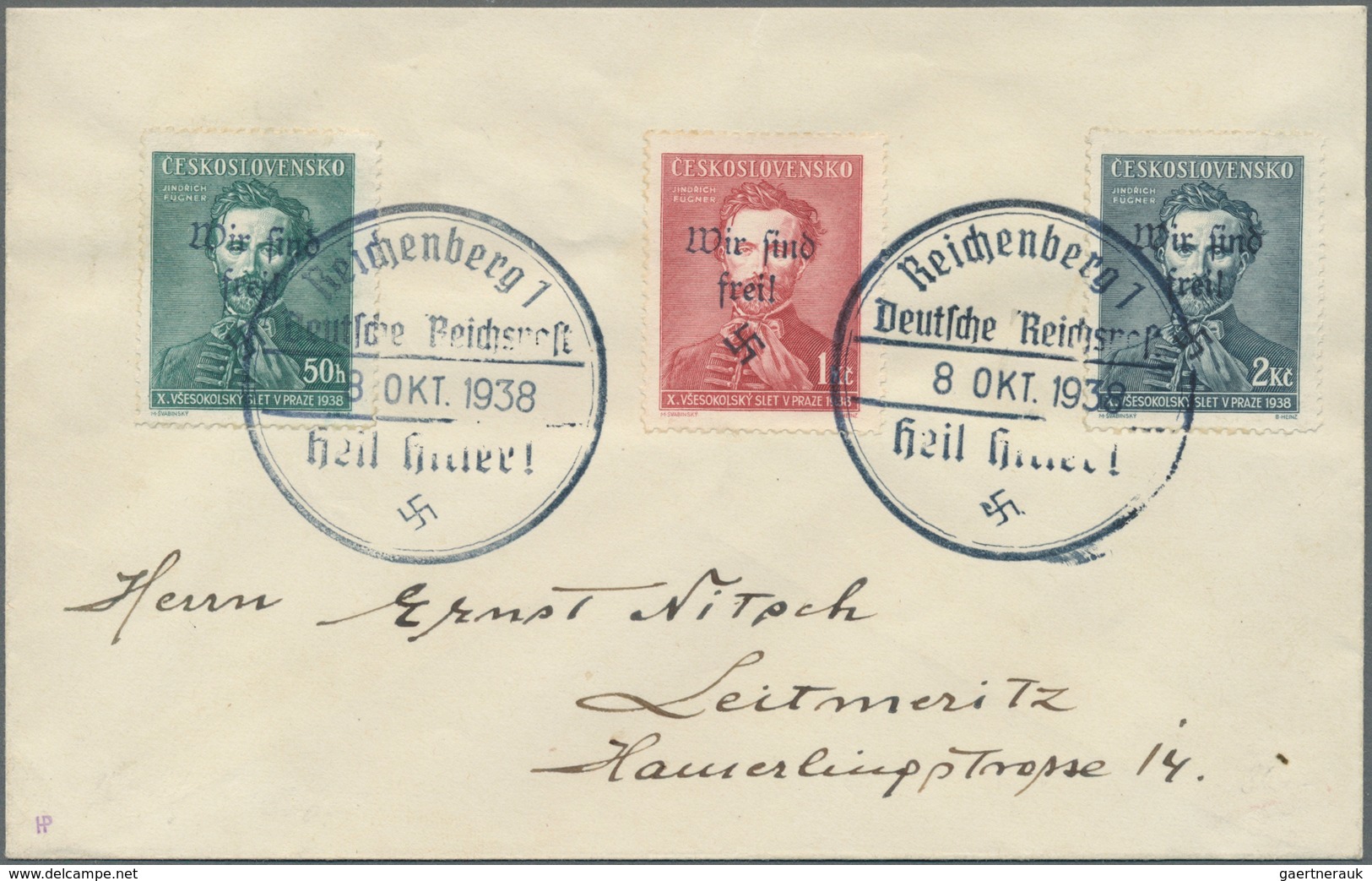 Sudetenland - Reichenberg: 1938, 50 H.-2 Kc. Fügner Kpl. Auf Umschlag Mit Adresse, Pracht, Signiert - Sudetenland