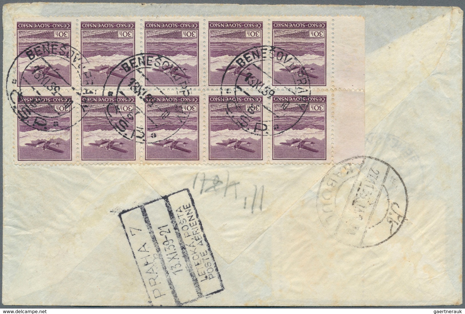 Dt. Besetzung II WK - Böhmen Und Mähren: 1939. Luftpost-R-Brief Mit 3 Kr Landschaften In MiF Nach Ka - Ocupación 1938 – 45