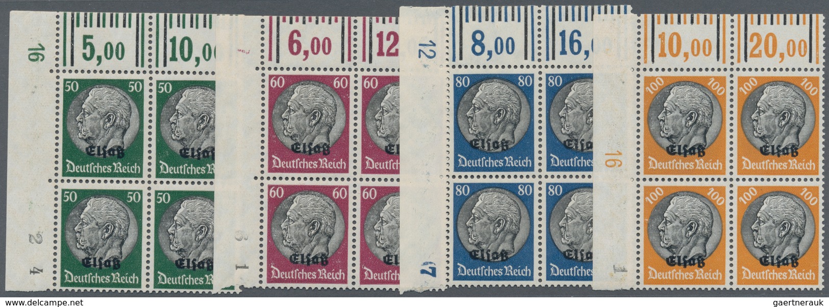 Dt. Besetzung II WK - Elsass: 1940, Hindenburg Mit Aufdruck, Kompletter Satz Im Obereckrandviererblo - Occupation 1938-45