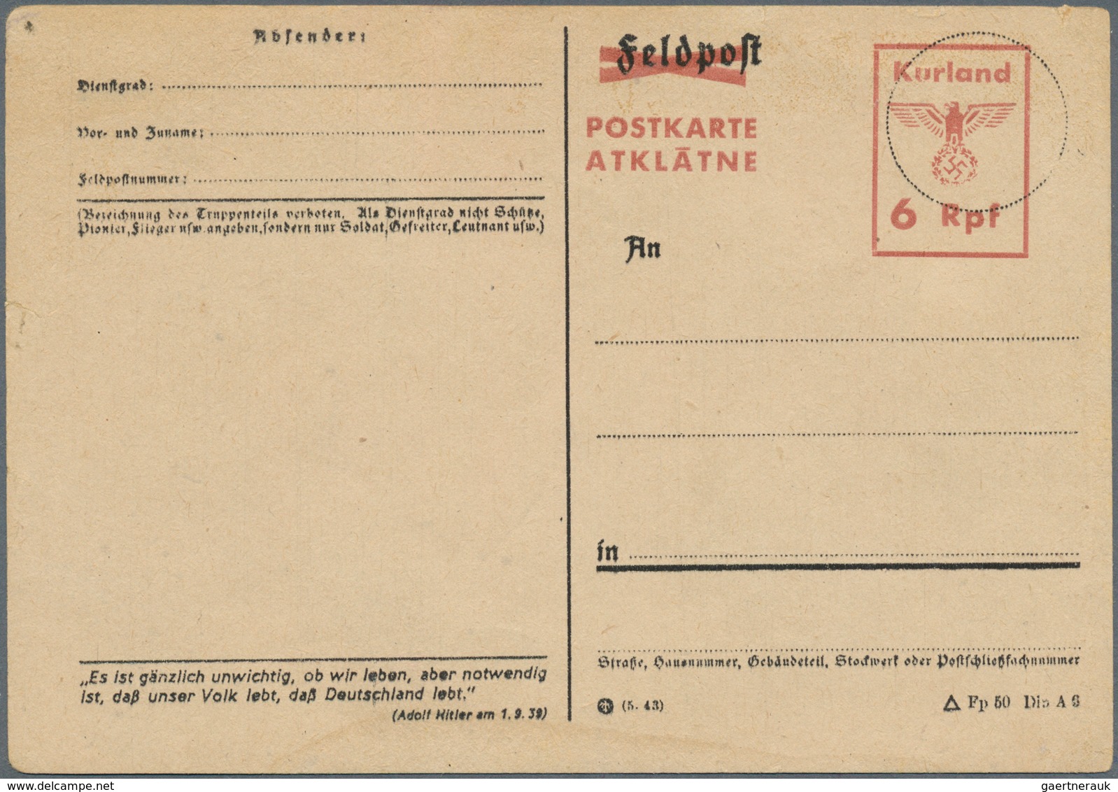 Dt. Besetzung II WK - Kurland - Ganzsachen: 1945. Nicht-verausgabte Postkarte 6 Rpf Braunrot Auf Säm - Occupazione 1938 – 45