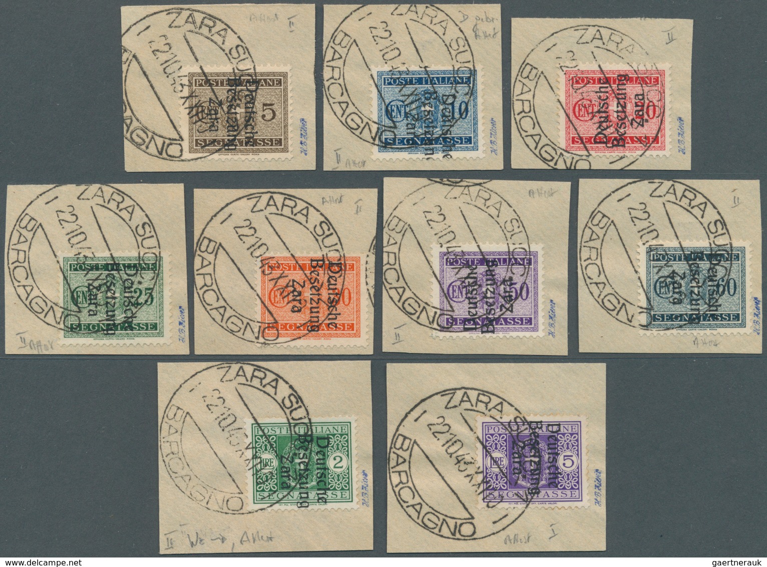 Dt. Besetzung II WK - Zara - Portomarken: 1943, 5 C Bis 5 L (ohne 40 C) Mit Aufdrucken Auf Briefstüc - Occupazione 1938 – 45