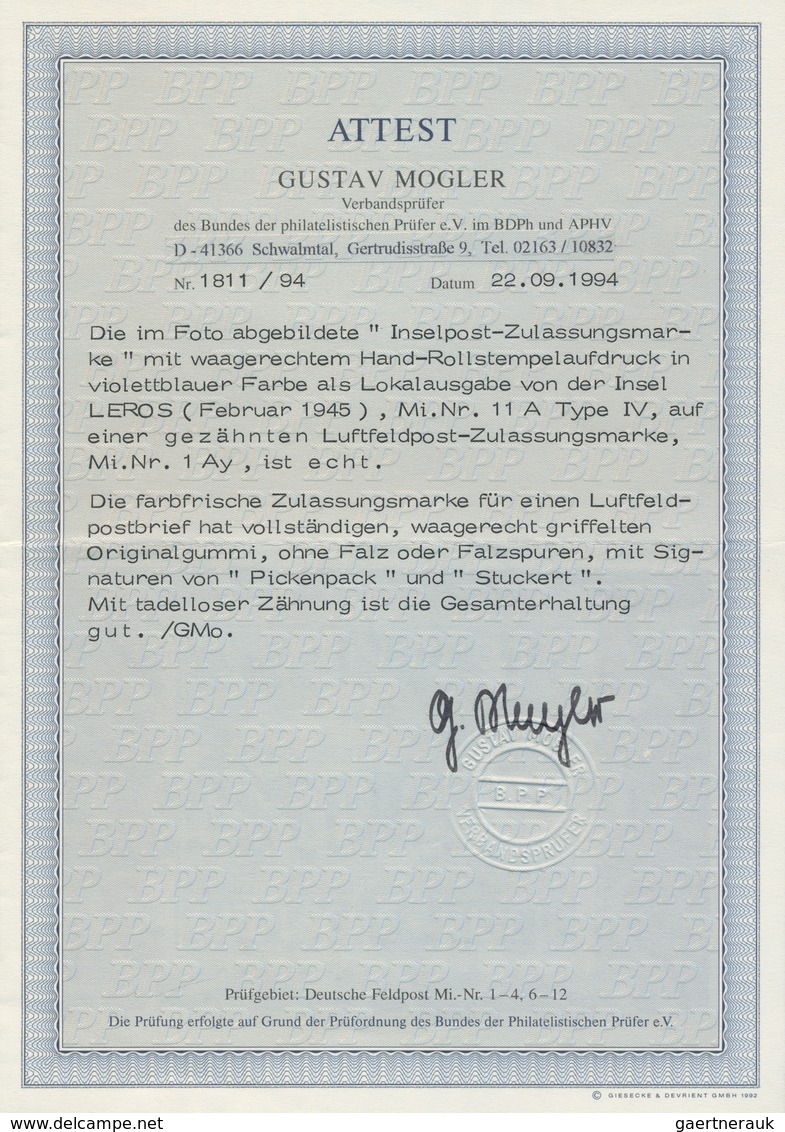 Feldpostmarken: 1945, Insel Leros Zulassungsmarke Gezähnt Mit Schwarzblauviolettem Aufdruck In Type - Altri & Non Classificati