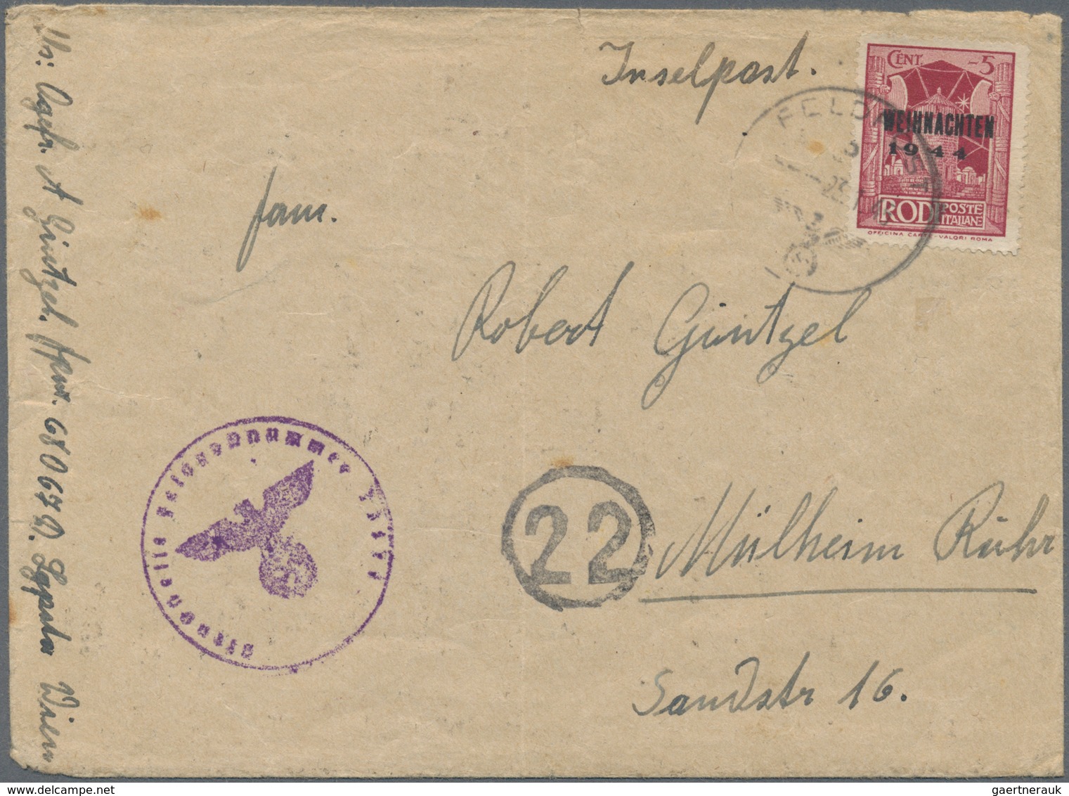Feldpostmarken: 1944, 5 Cent-Marke Von RODI Mit Schwarzem Aufdruck "WEIHNACHTEN 1944" In Type II Auf - Altri & Non Classificati