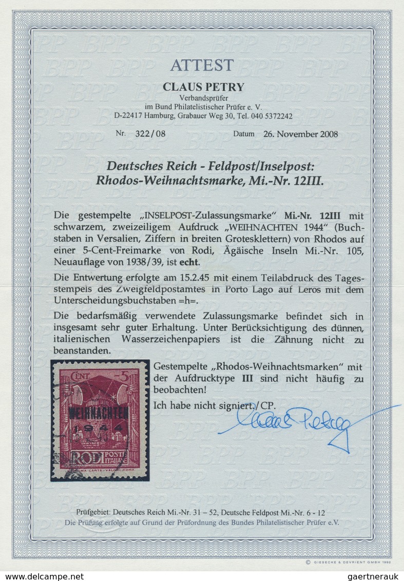Feldpostmarken: 1944, Rhodos Weihnachtsmarke In Type III Mit Normstempel "h 15.2.45" (Porto Lagos), - Other & Unclassified