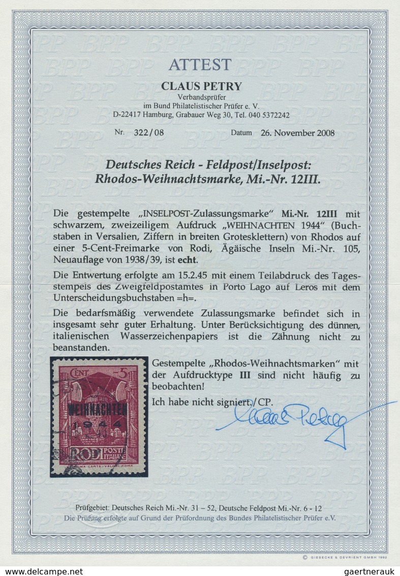 Feldpostmarken: 1944, Rhodos Weihnachtsmarke In Type III Mit Normstempel "h 15.2.45" (Porto Lagos), - Sonstige & Ohne Zuordnung