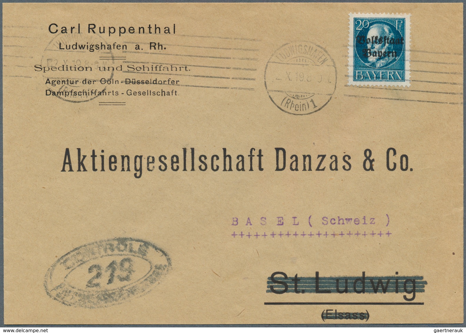 Zensurpost: 1919, Fünf Belege aus der Pfalz, alle noch mit bayerischer Frankatur und jeweils mit fra