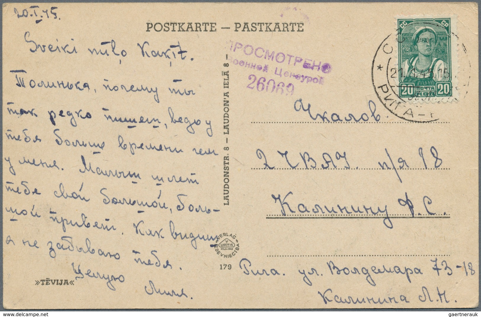 Zensurpost: 1945, Soviet Union, 20 K Green Single Franking On Ppc From RIGA, 25.3.45, Along With 3-l - Other & Unclassified