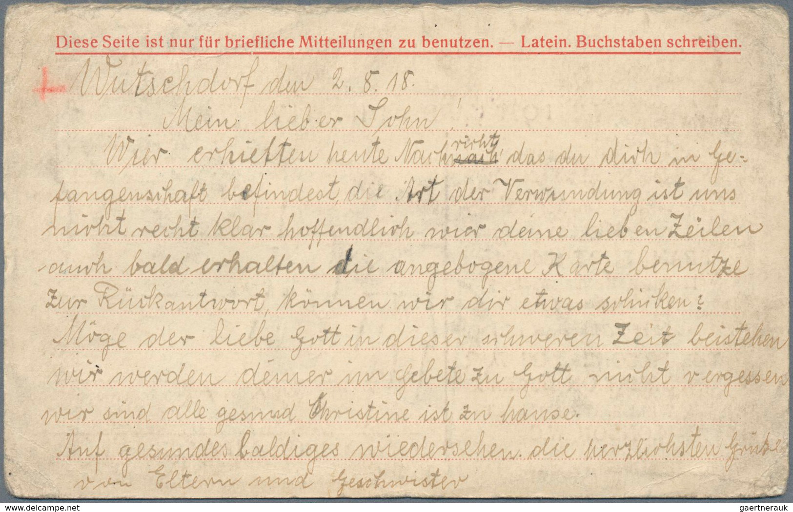 Kriegsgefangenen-Lagerpost: 1918: Frageteil Einer Rot-Kreuz Doppelkarte Des Fürsorgestelle Für Krieg - Altri & Non Classificati