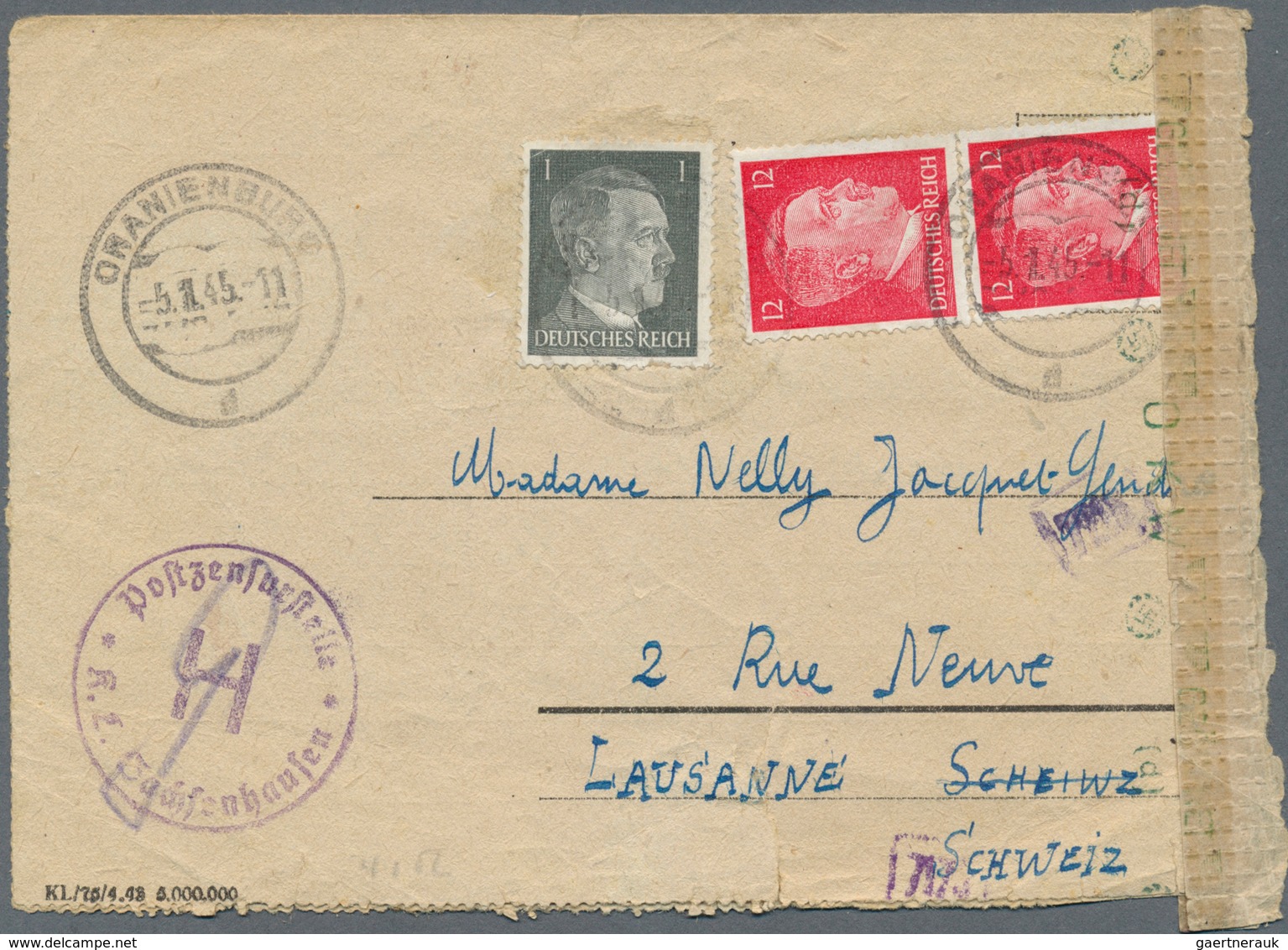 KZ-Post: 1945 (5.1.), 1 Pfg. + 2x 12 Pfg. Hitler Mit Stempel ORANIENBURG Auf Vordruck-Faltbrief (lei - Storia Postale