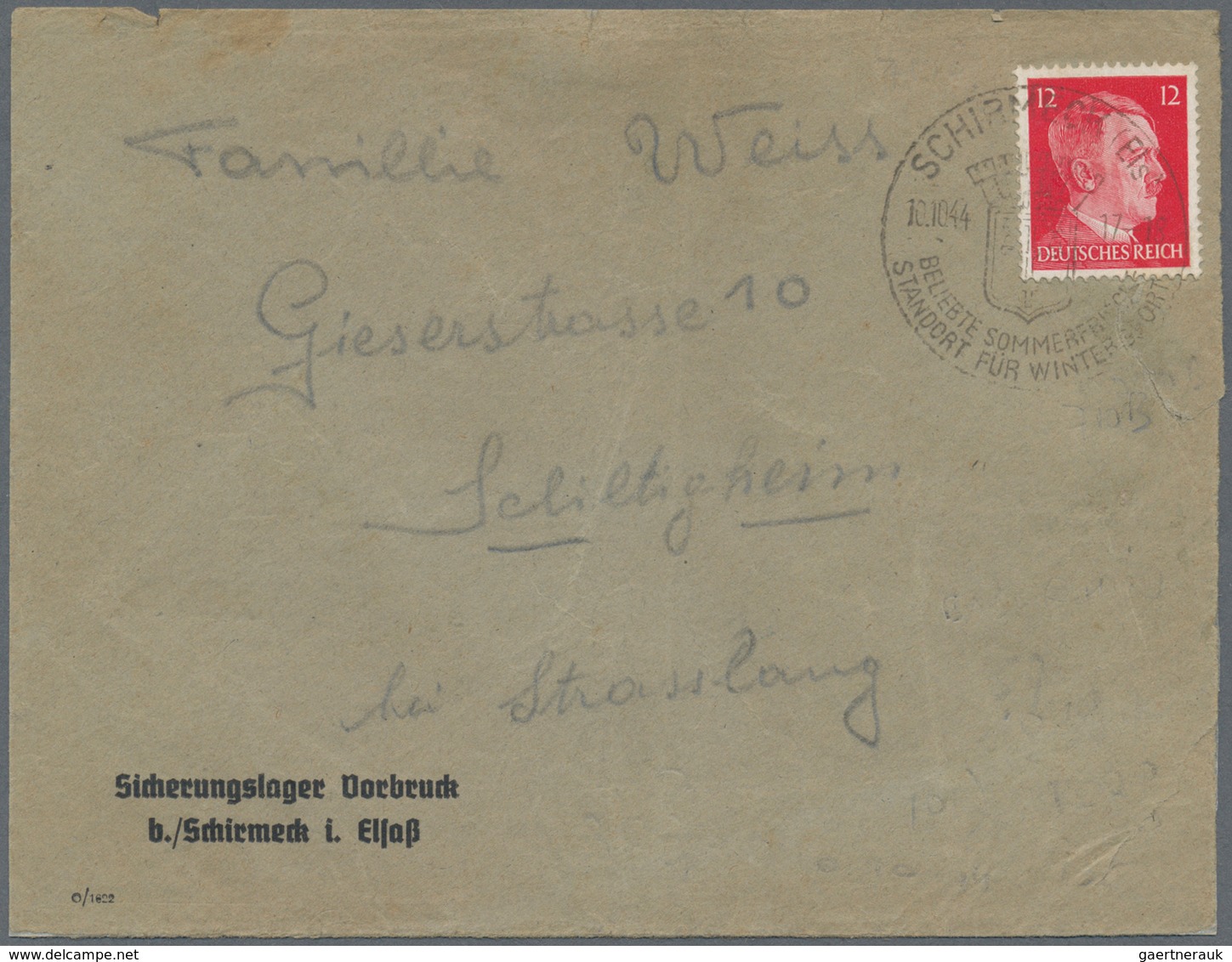 KZ-Post: Sicherlungslager Vorbruck: 1944, Vordruckbrief Aus "SCHIRMECK 10.10.44" Mit 12 Pfg. Hitler - Storia Postale