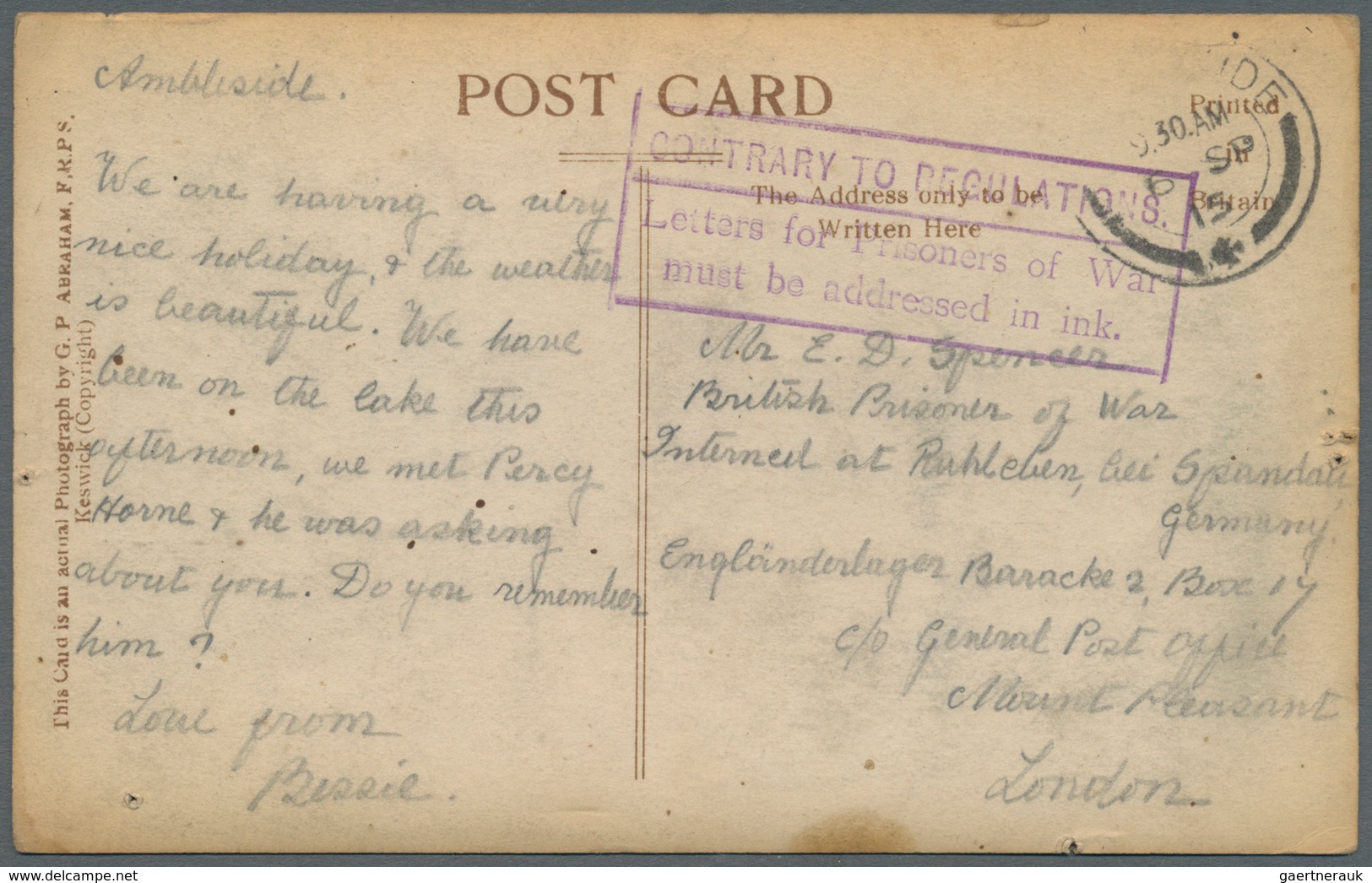 Lagerpost: Ruhleben: Incoming Mail: 1915, Unfrankierter Fotokarte Aus "AMBLESIDE 6.SP" In Das Lager - Altri & Non Classificati