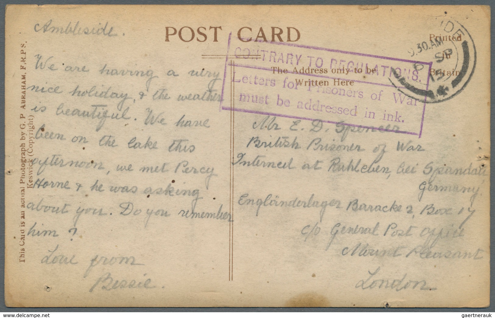 Lagerpost: Ruhleben: Incoming Mail: 1915, Unfrankierter Fotokarte Aus "AMBLESIDE 6.SP" In Das Lager - Other & Unclassified