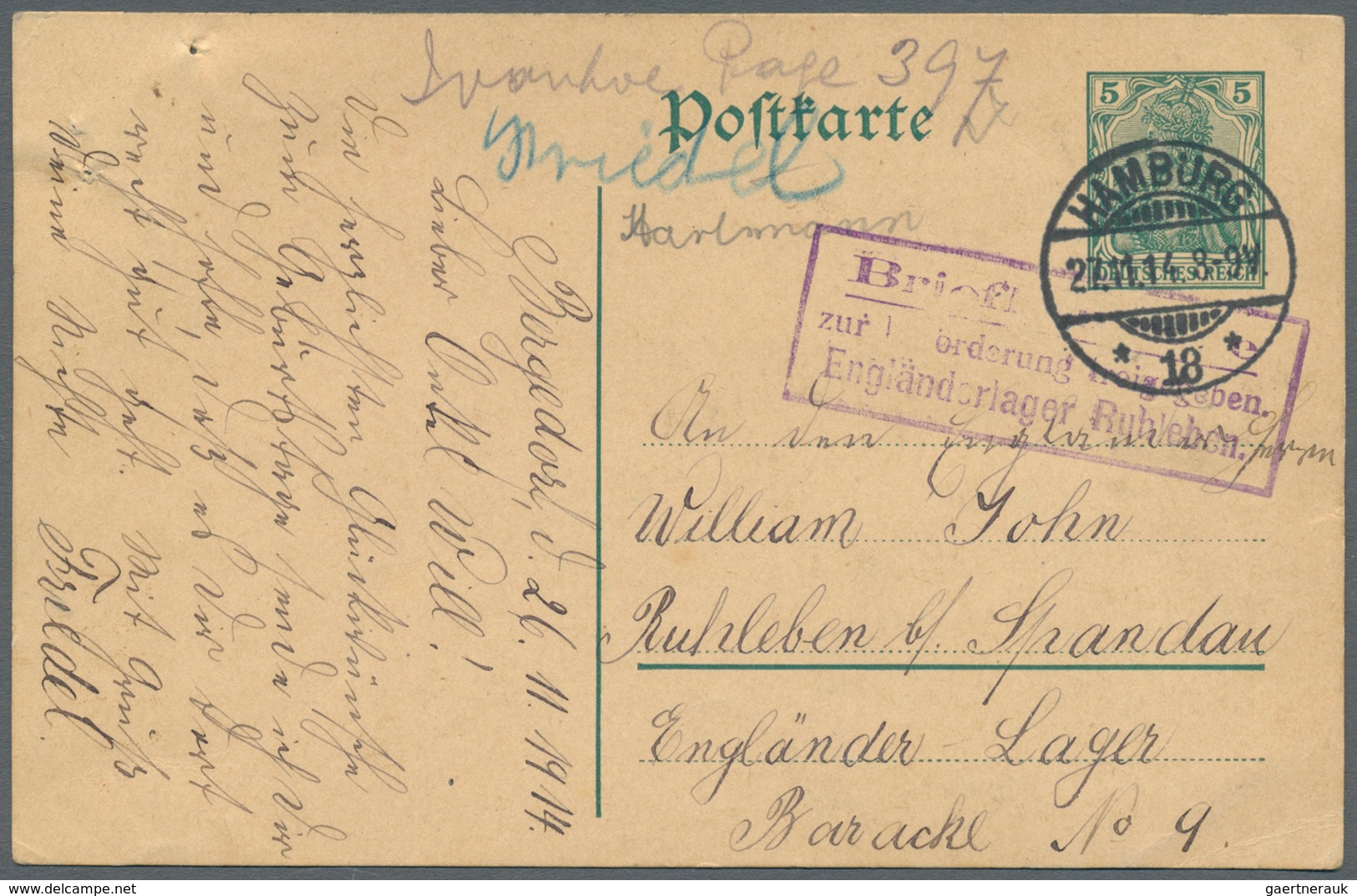 Lagerpost: Ruhleben: Incoming Mail: 1914, 5 Pfg. Ganzsachenkarte Aus "HAMBURG 27.11.14" In Das Lager - Altri & Non Classificati