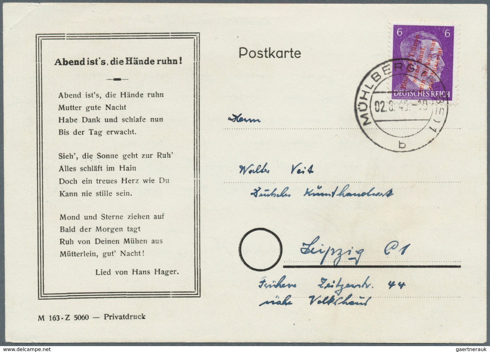 Deutsche Lokalausgaben Ab 1945: MÜHLBERG, 1945: 6 Pf Mit Rotem Aufdruck Auf Postkarte Vom 2.8.45 Nac - Altri & Non Classificati