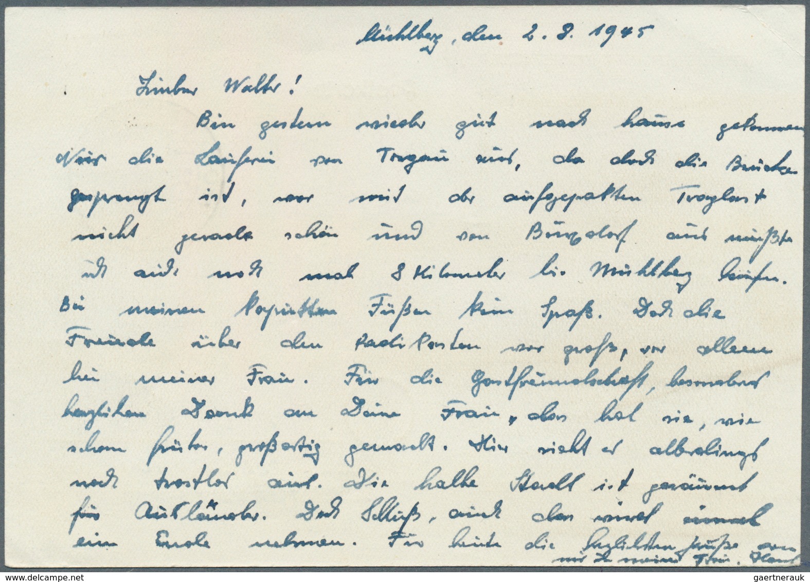 Deutsche Lokalausgaben Ab 1945: MÜHLBERG, 1945: 6 Pf Mit Rotem Aufdruck Auf Postkarte Vom 2.8.45 Nac - Altri & Non Classificati