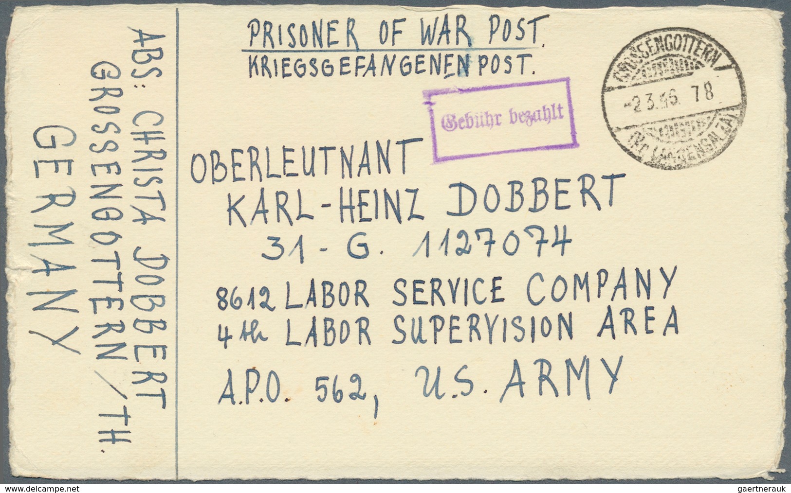 Alliierte Besetzung - Gebühr Bezahlt: Sowjetische Zone: 1946, Kriegsgefangenenkarte Mit Blauem "Gebü - Altri & Non Classificati