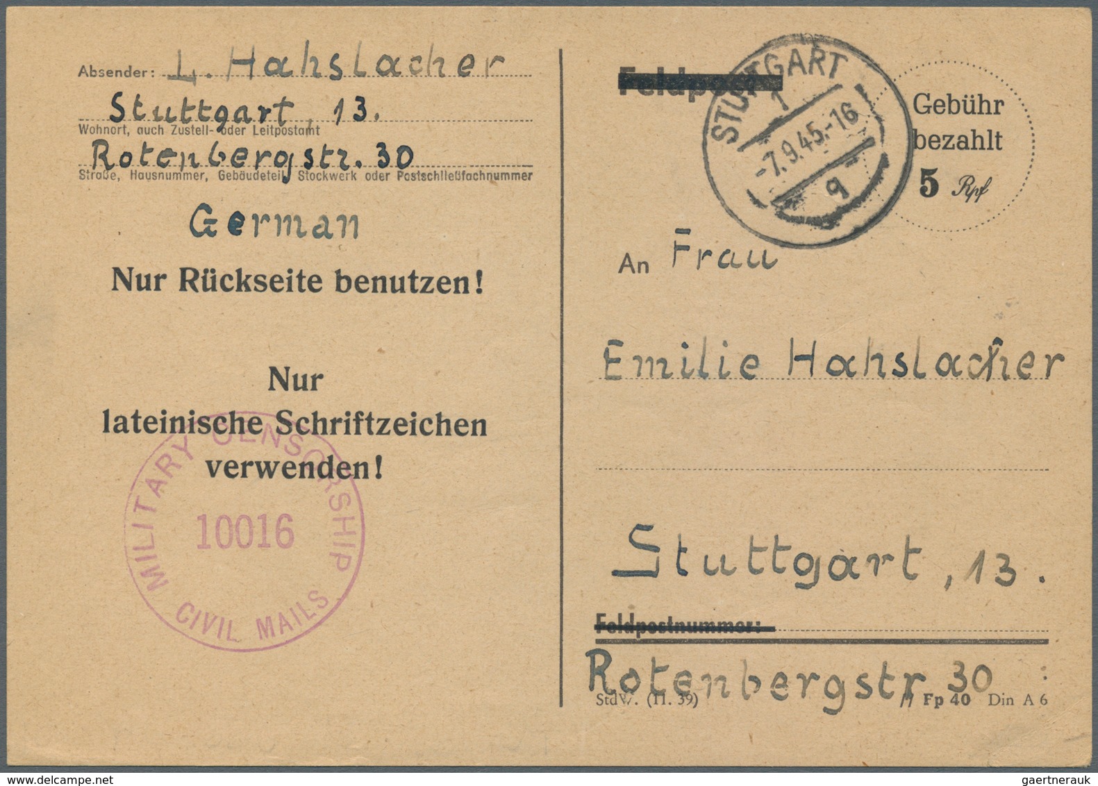 Alliierte Besetzung - Behelfsausgaben: Amerikanische Zone: 1945, RPD Stuttgart, Wertstempel "Gebühr - Altri & Non Classificati