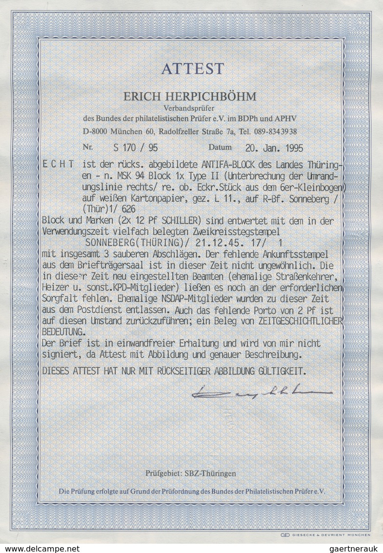 Sowjetische Zone - Thüringen: 1945, Antifa-Block Auf Weißem, Holzfreien Kartonpapier Vom Rechten Obe - Otros & Sin Clasificación