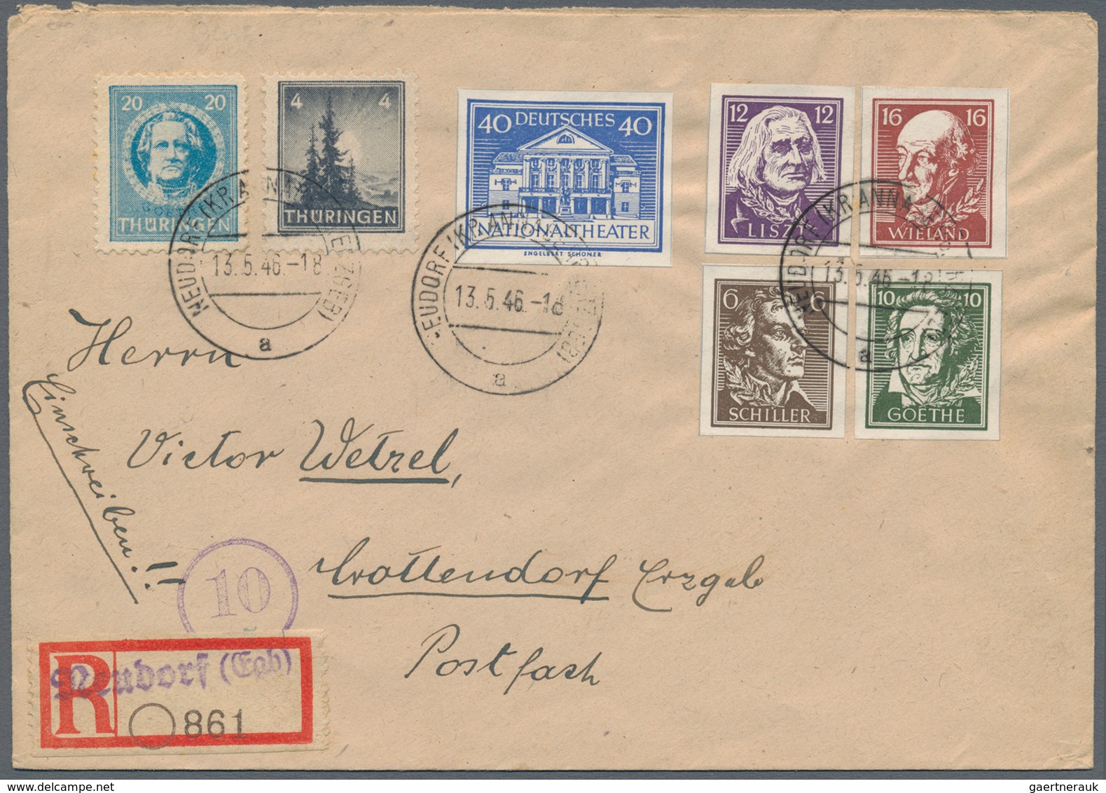 Sowjetische Zone - Thüringen: 1946, Einzelmarken Aus Theater-Blockpaar Je Auf R-Brief Teils ZuF In F - Altri & Non Classificati