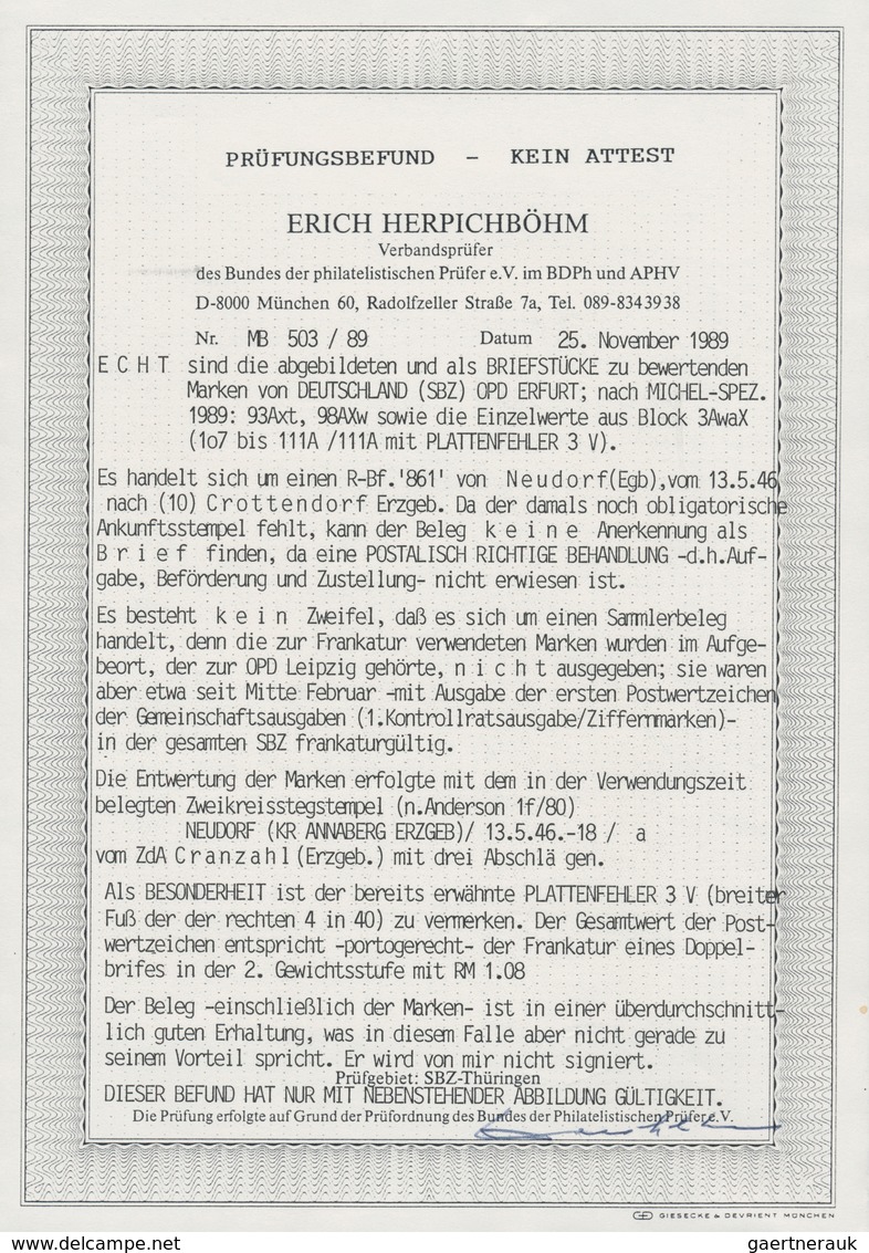 Sowjetische Zone - Thüringen: 1946, Einzelmarken Aus Theater-Blockpaar Je Auf R-Brief Teils ZuF In F - Altri & Non Classificati