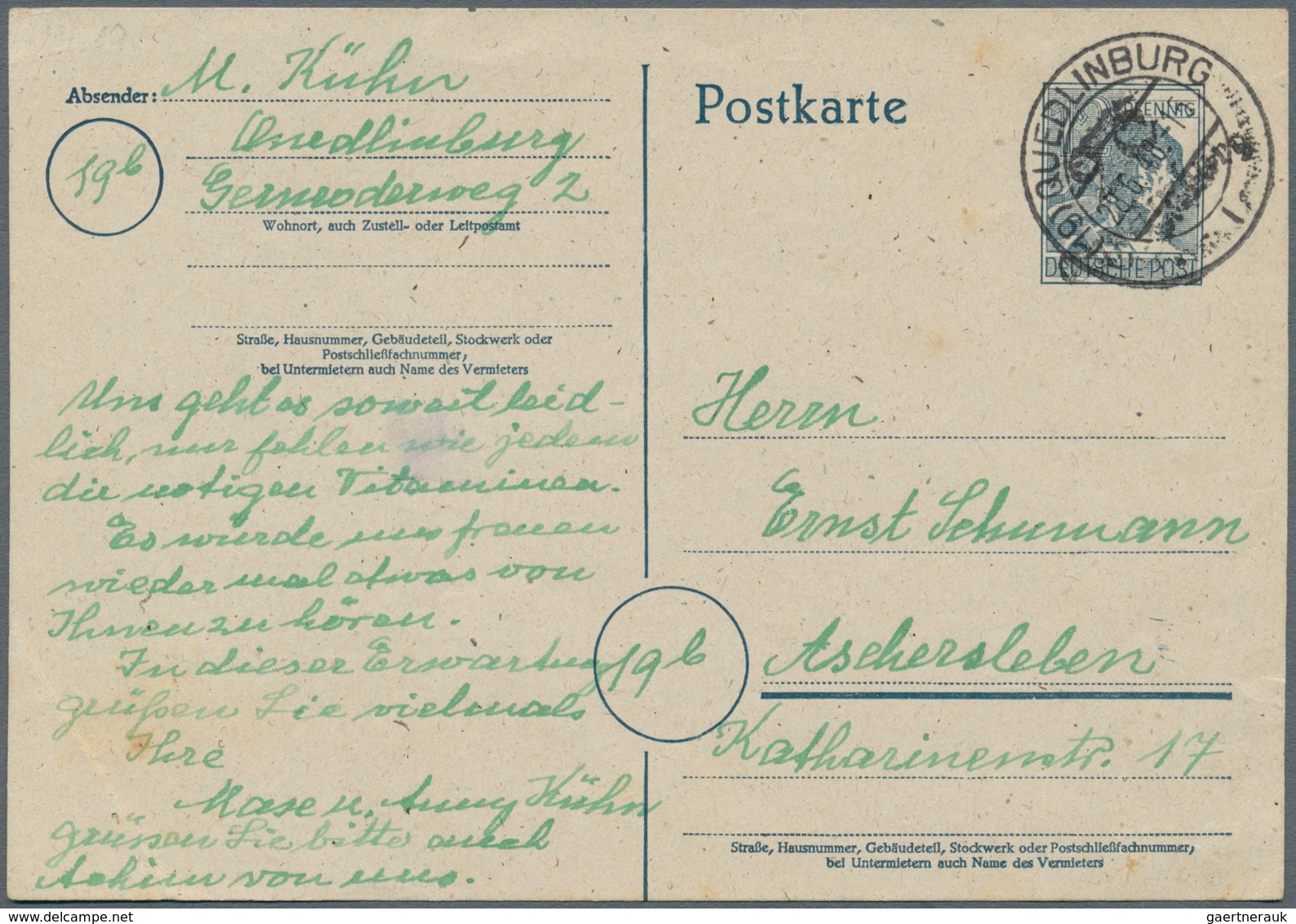 Sowjetische Zone - Ganzsachen: 1948, 12 Pfg. Arbeiter Ganzsachenkarte Mit Handstempel "20/Quedlinbur - Other & Unclassified