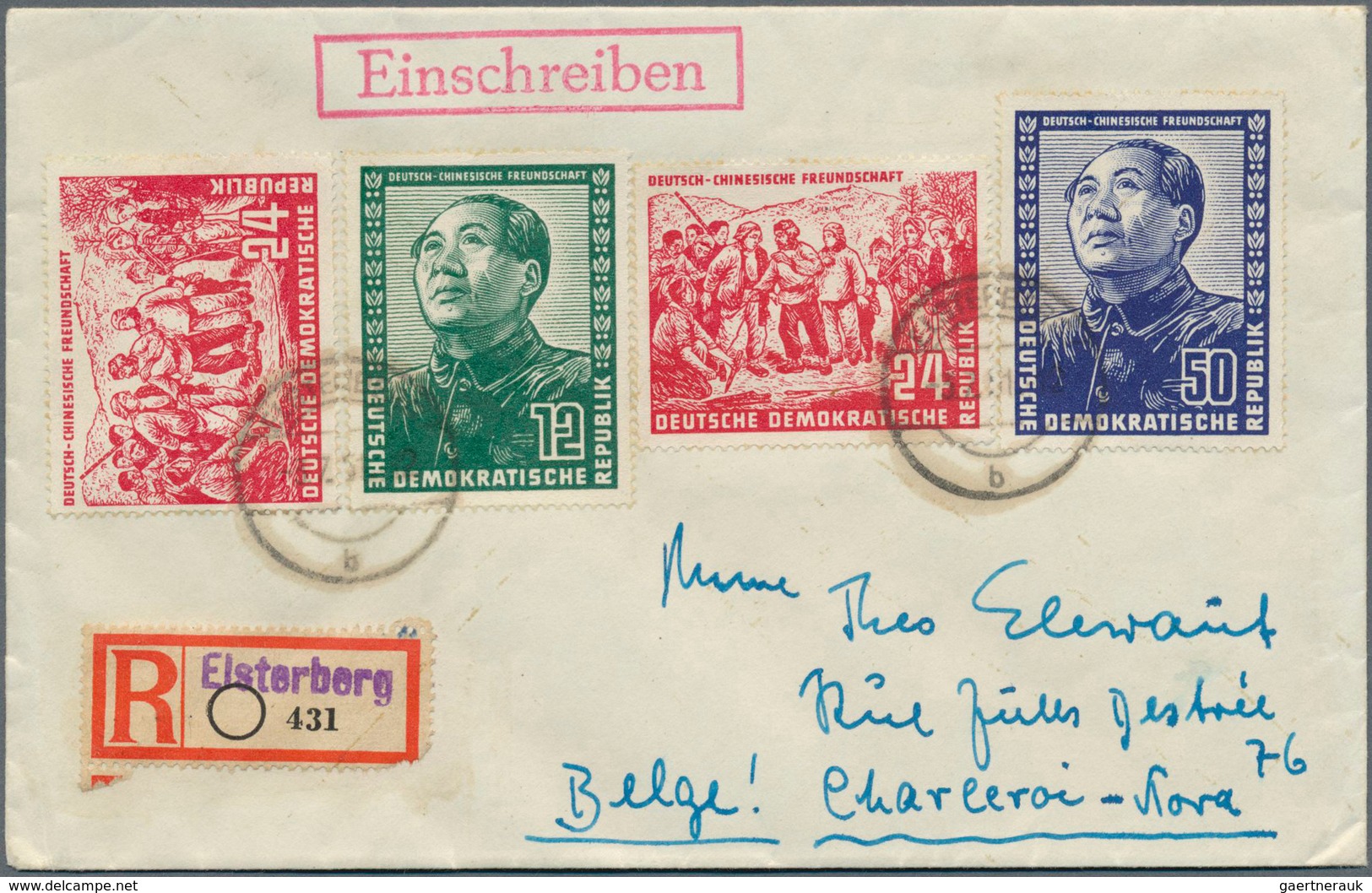 DDR: 1951. R-Brief Mit Kpl. Chinesen + Extra 1x 24 Pf Von "Elsterberg" Portorichtig Nach Belgien. - Collezioni