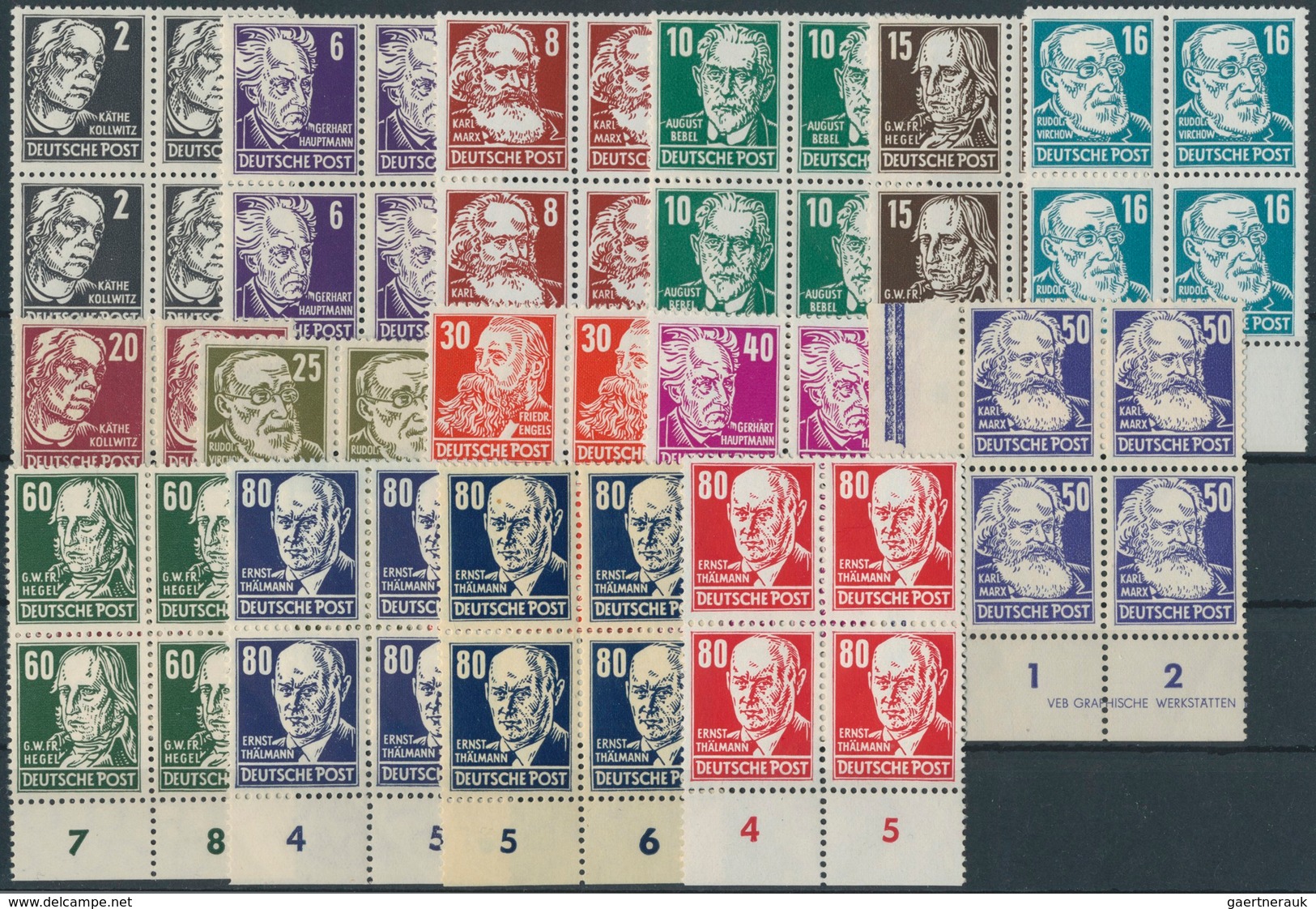 DDR: 1952/53, Köpfe II, 2 Pfg. Bis 80 Pfg., 15 Werte Incl. 80 Pfg. Lackpapier Je In Unterrand-4er-Bl - Collections