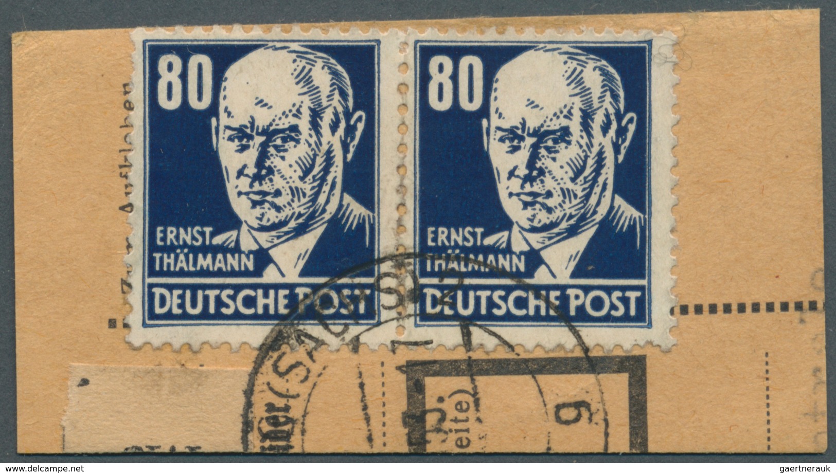 DDR: 1953, 80 Pf Schwarzblau Köpfe, Mit Lacküberzug, Waager. Paar Auf Paketkartenabschnitt, Entwerte - Collections