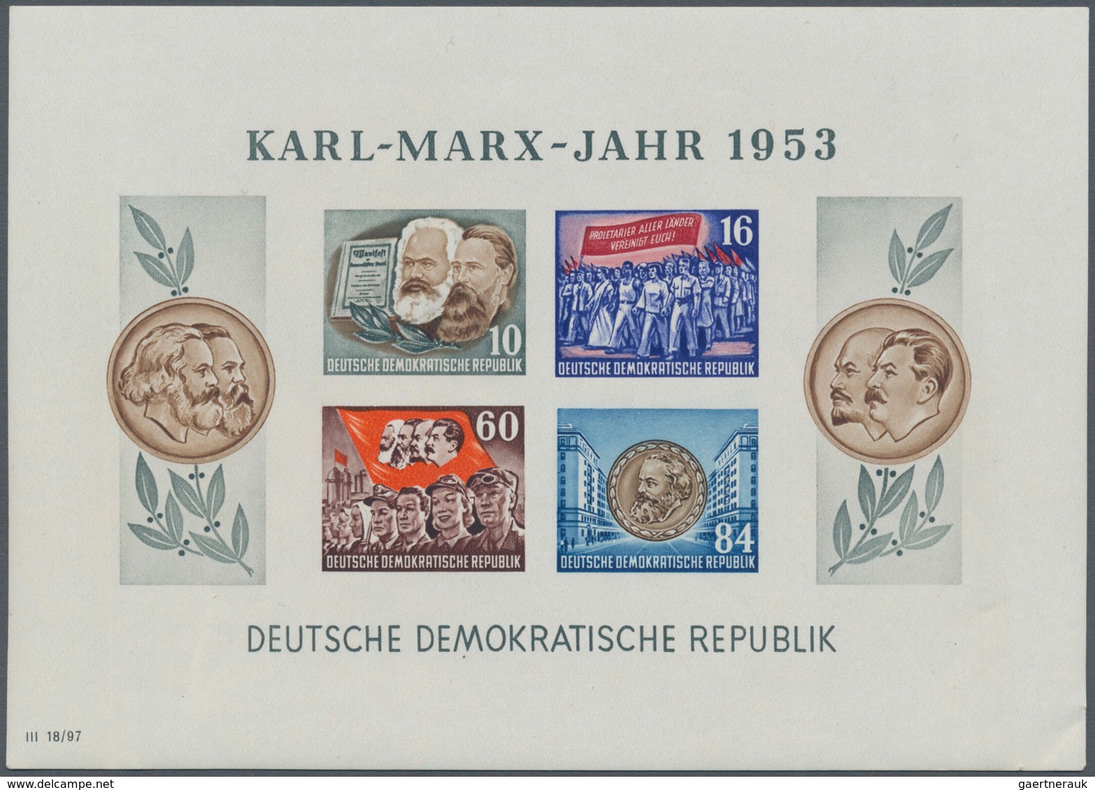 DDR: 1953, Geschnittener Marx-Block Mit Seltenem SENKRECHTEM Wasserzeichen DDR Und Posthorn. Der Blo - Collezioni