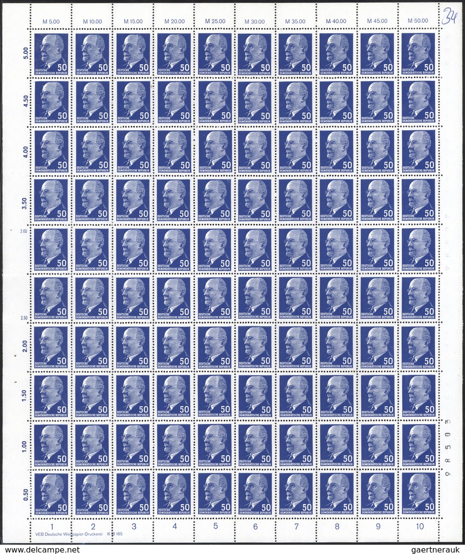 DDR: 1963, Ulbricht, 50 Pfg. Blau, 5 Komplette 100er-Bögen Mit Unterschiedl. DZ 'A', 'C' Etc., 4 Bög - Collections