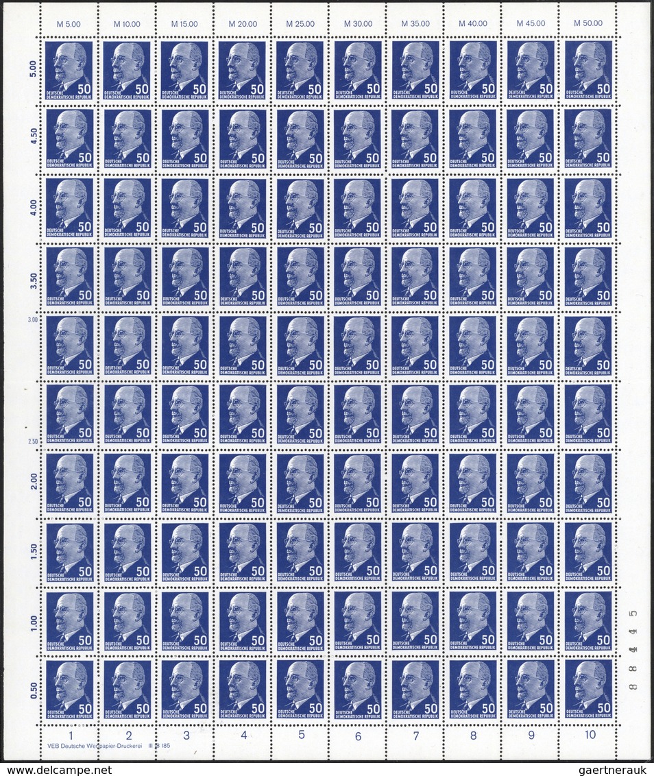 DDR: 1963, Ulbricht, 50 Pfg. Blau, 5 Komplette 100er-Bögen Mit Unterschiedl. DZ 'A', 'C' Etc., 4 Bög - Collections