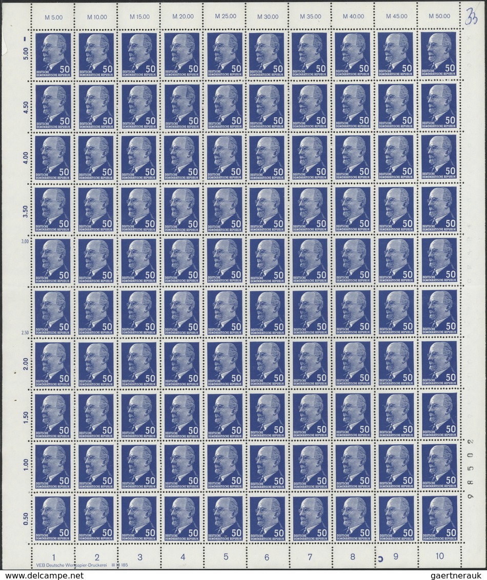 DDR: 1963, Ulbricht, 50 Pfg. Blau, 5 Komplette 100er-Bögen Mit Unterschiedl. DZ 'A', 'C' Etc., 4 Bög - Collezioni