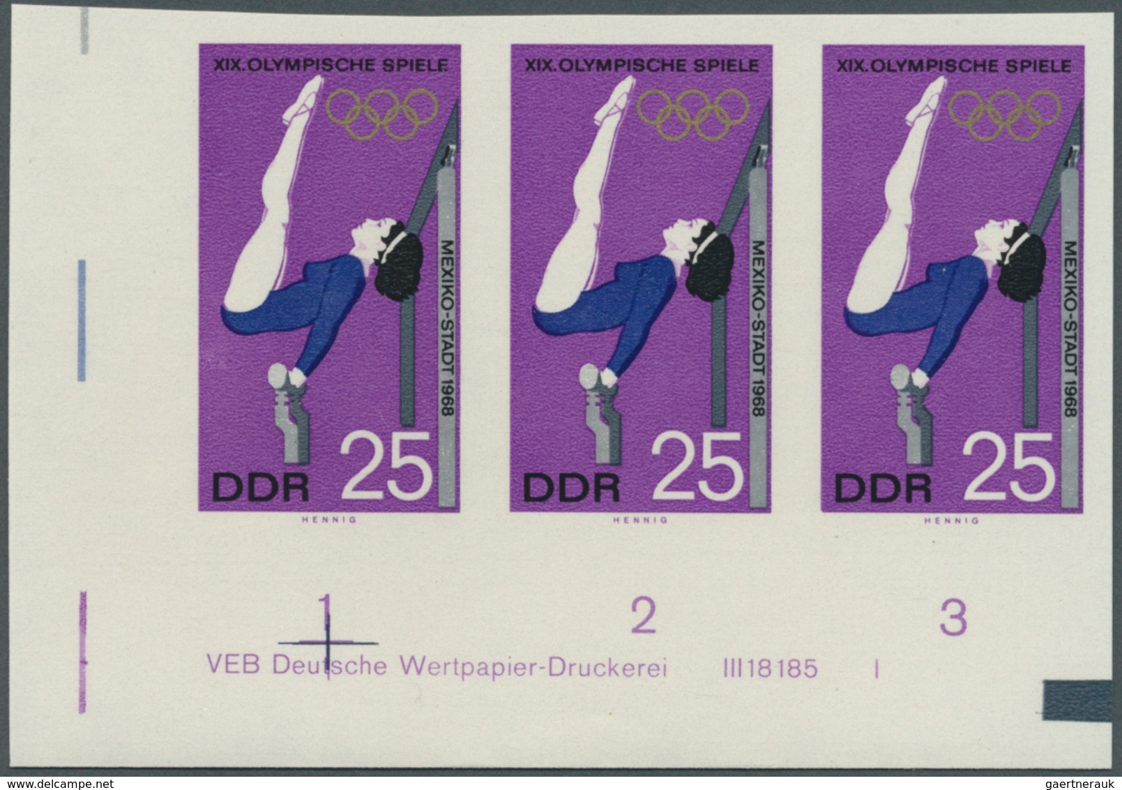 DDR: 1968, Olympische Sommerspiele Mexico 25 Pf. 'Kunstturnen Am Stufenbarren' In 5 Verschiedenen Un - Collections