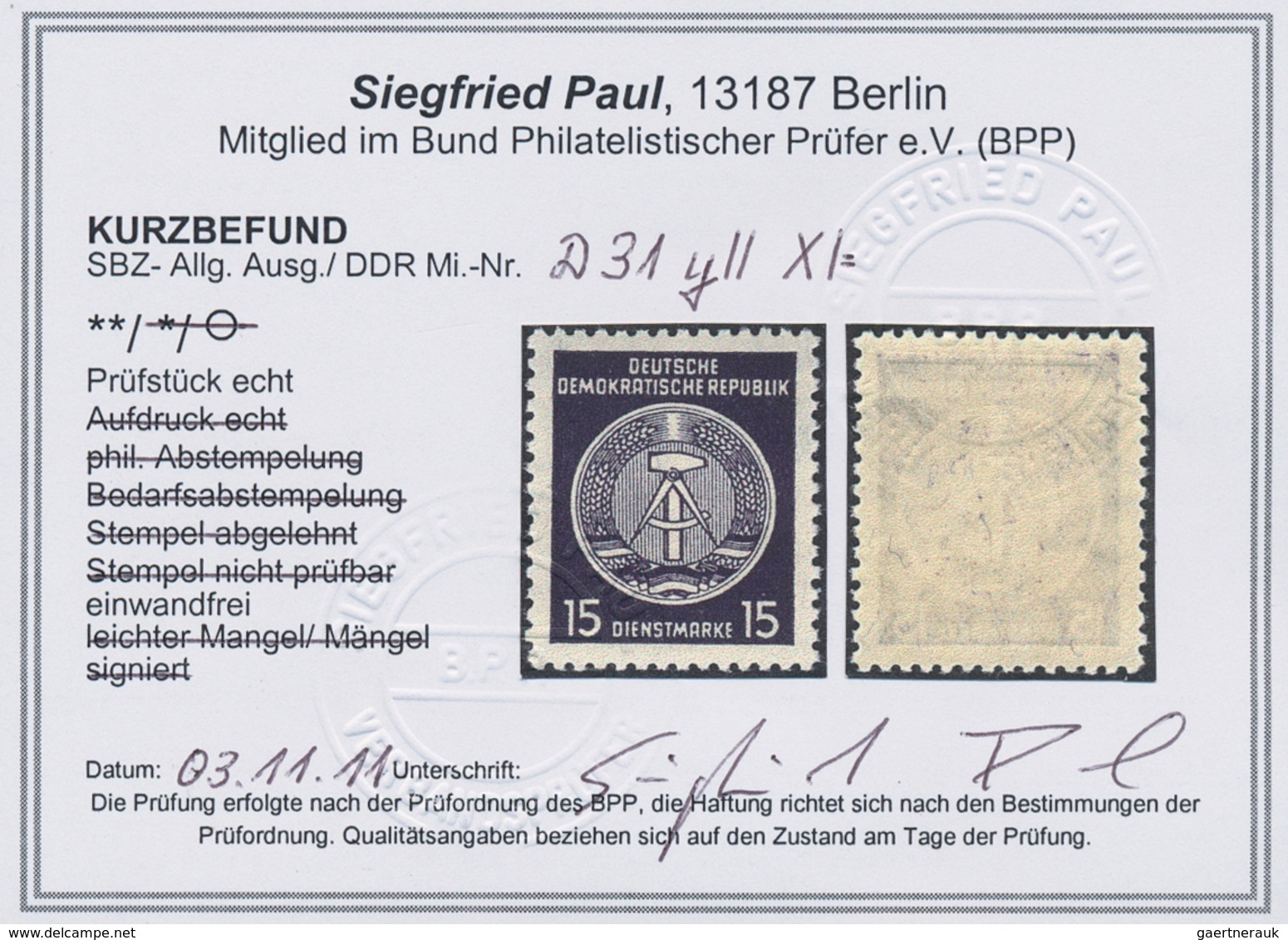 DDR - Dienstmarken A (Verwaltungspost B): 1956, 15 Pfg. Schwarzgrauviolett, Faserpapier, Beide Wasse - Altri & Non Classificati