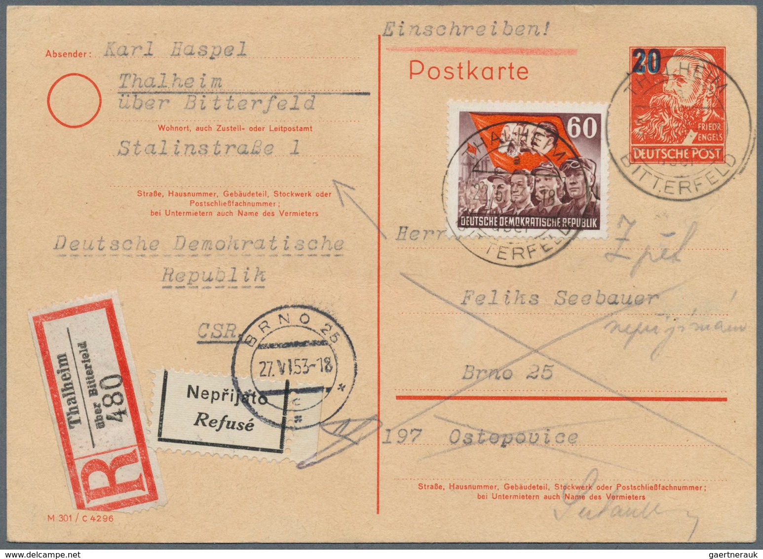 DDR - Ganzsachen: 1952, 20 A. 30 Pf Rot Köpfe Ganzsachenkarte Mit Zusatzfrankatur 60 Pf Marx-Gedenkt - Altri & Non Classificati