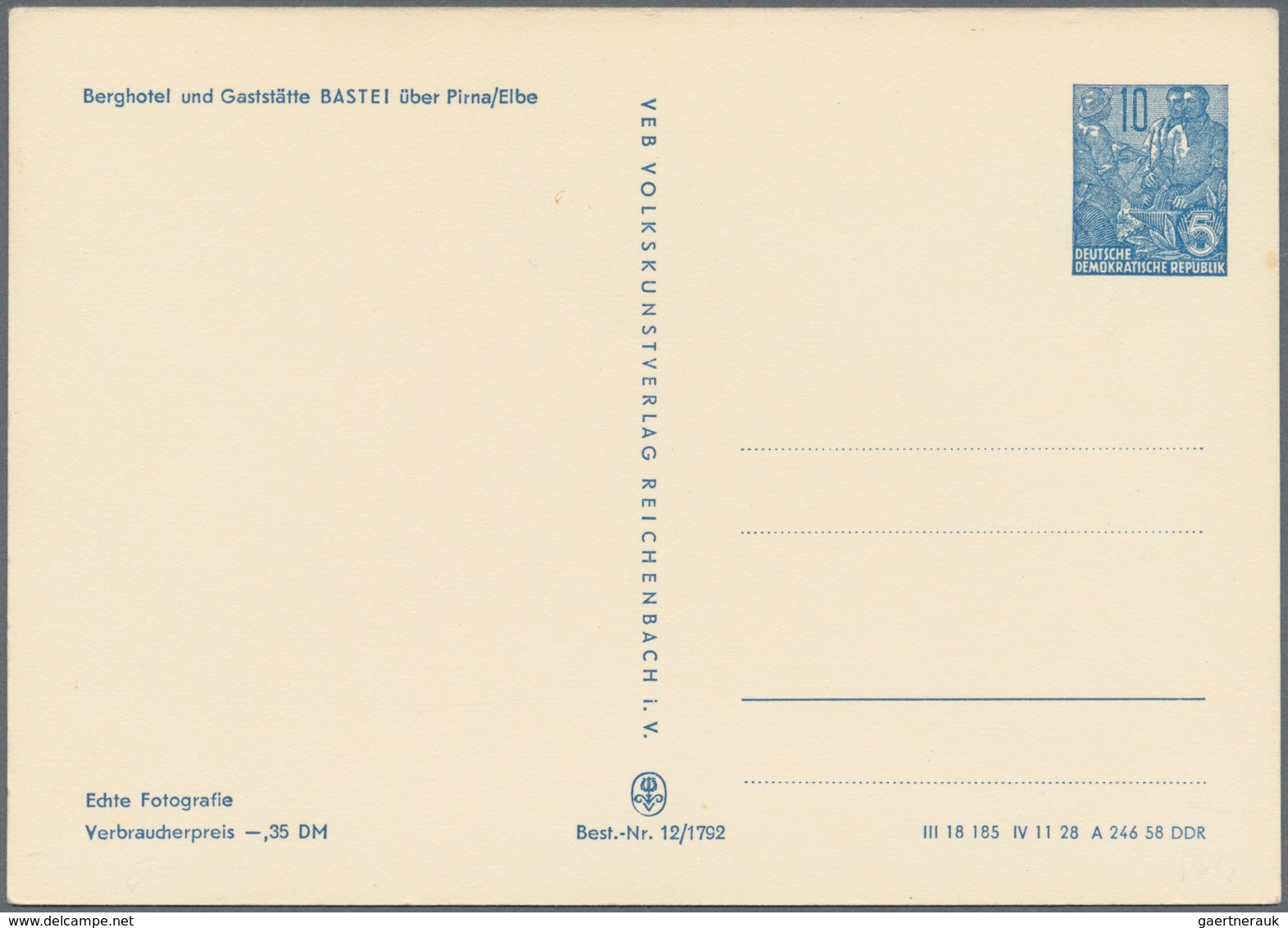 DDR - Ganzsachen: 1958, 10 Pfg. Fünfjahresplan Privat-Postkarte, "Berghotel Und Gaststätte BASTEI üb - Altri & Non Classificati