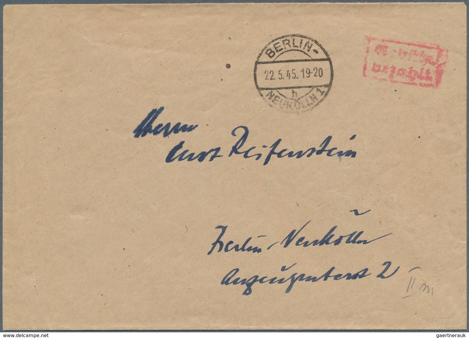 Berlin - Vorläufer: 1945, Umschlaf Mit Brückenstempel BERLIN - NEUKÖLLN 1b 22.5.45 Mit Rotem "Gebühr - Storia Postale