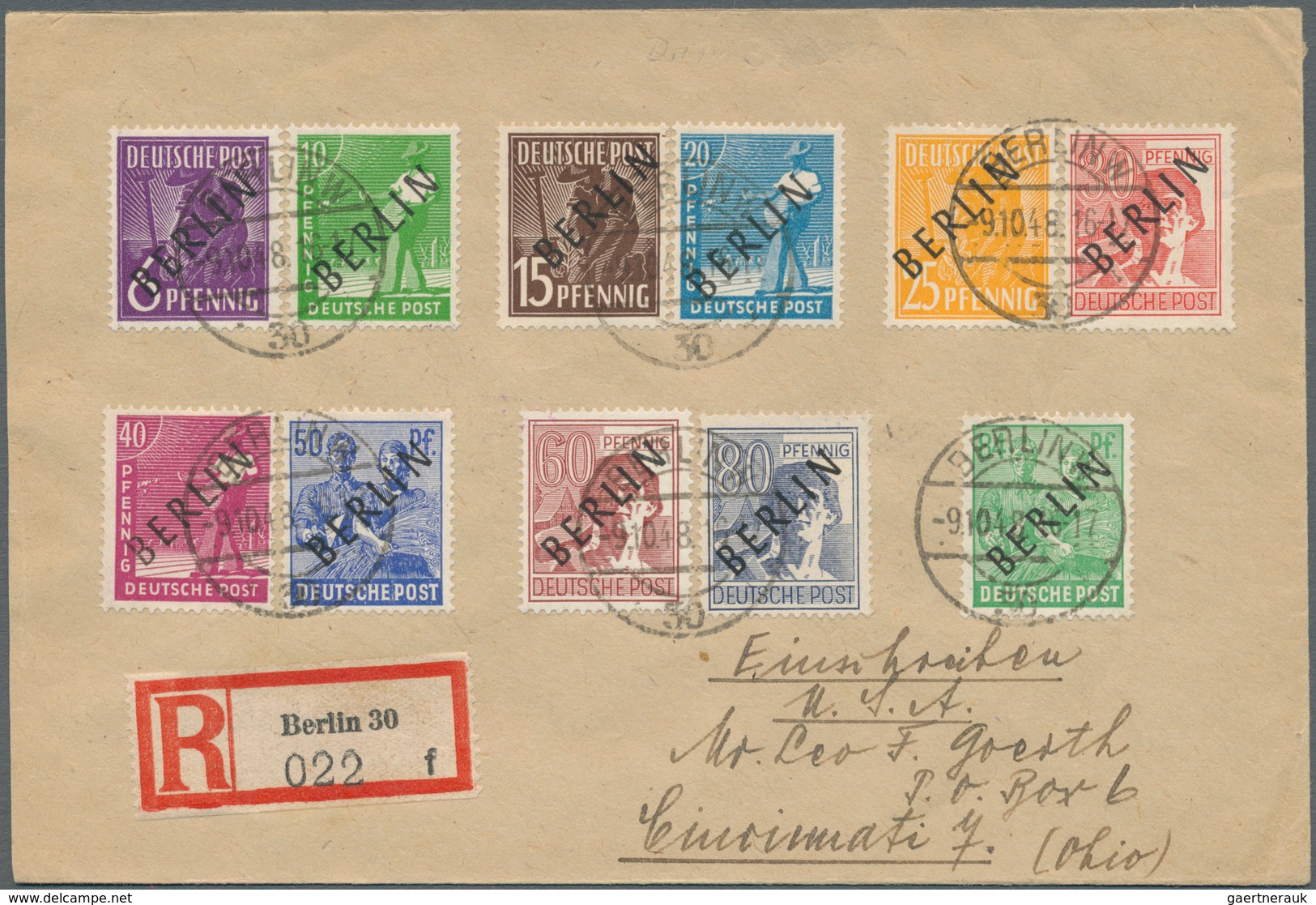 Berlin: 1948, 2 Pfg. Bis 5 M. Schwarzaufdruck Komplett Auf Zwei R-Briefen Von "BERLIN W30 9.10.48" I - Used Stamps