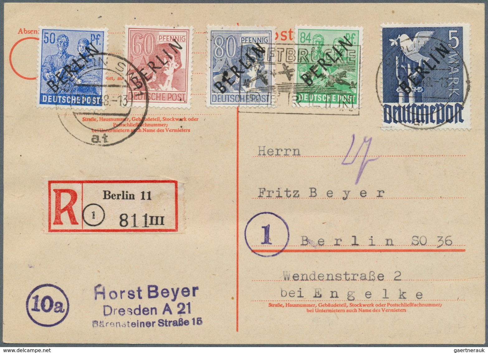 Berlin: 1948, Schwarzaufdruck 2 Pfg. bis 5 Mark, kompletter Satz auf vier philatelistischen Orts-R-K