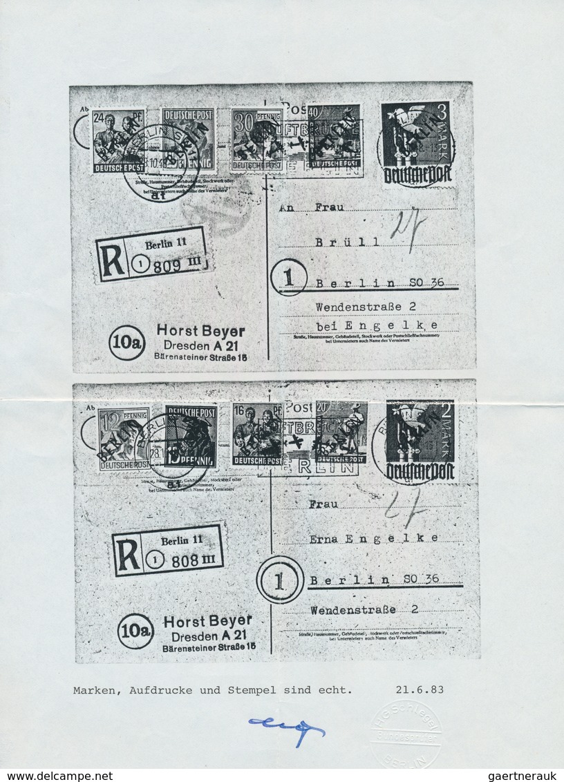Berlin: 1948, Schwarzaufdruck 2 Pfg. bis 5 Mark, kompletter Satz auf vier philatelistischen Orts-R-K