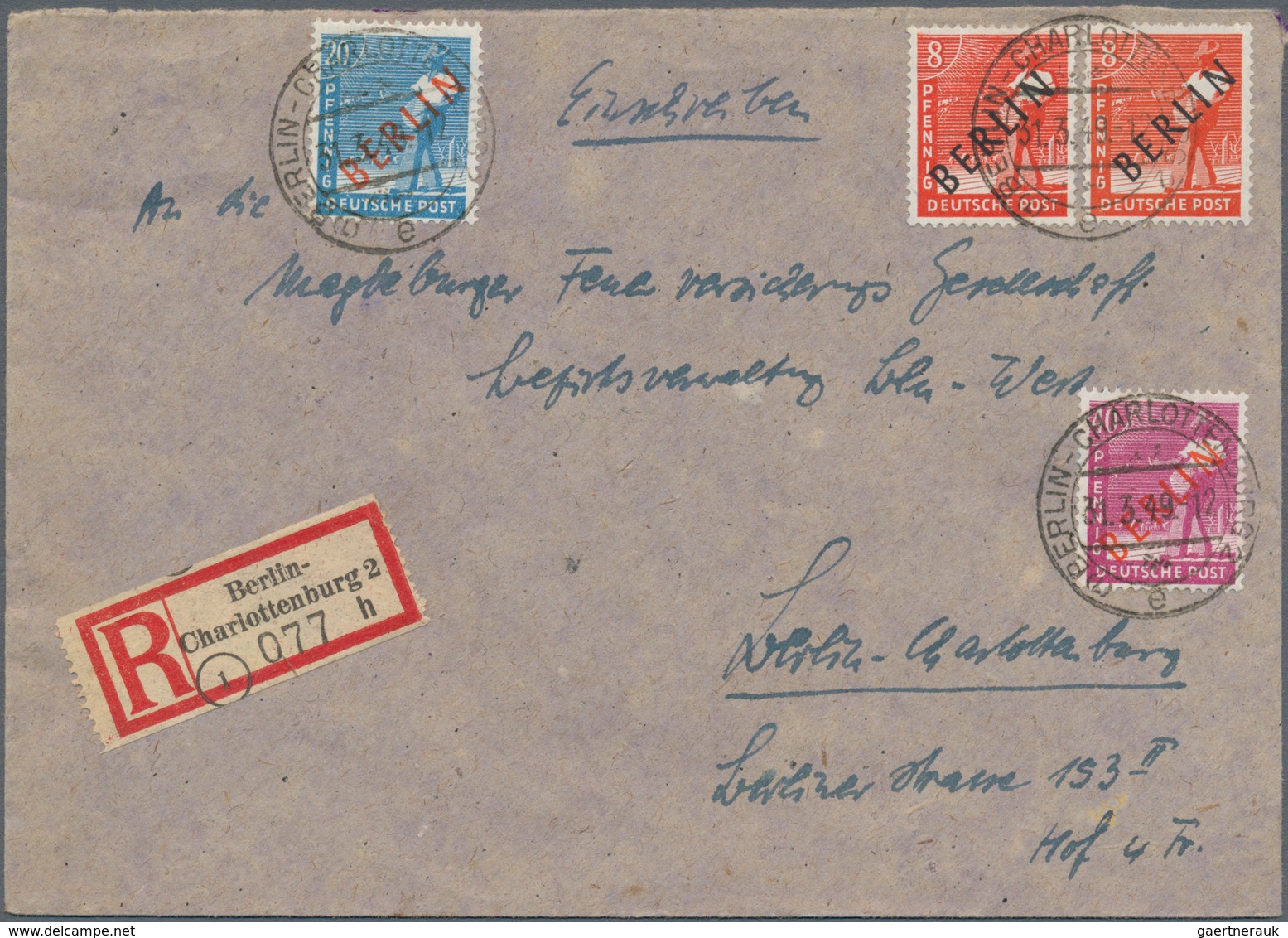 Berlin: 1949 (31.3.), Schwarzaufdruck 8 Pf. (2) Sowie Rotaufdruck 40 Pf. + 20 Pf. Auf R-Brief Innerh - Usati