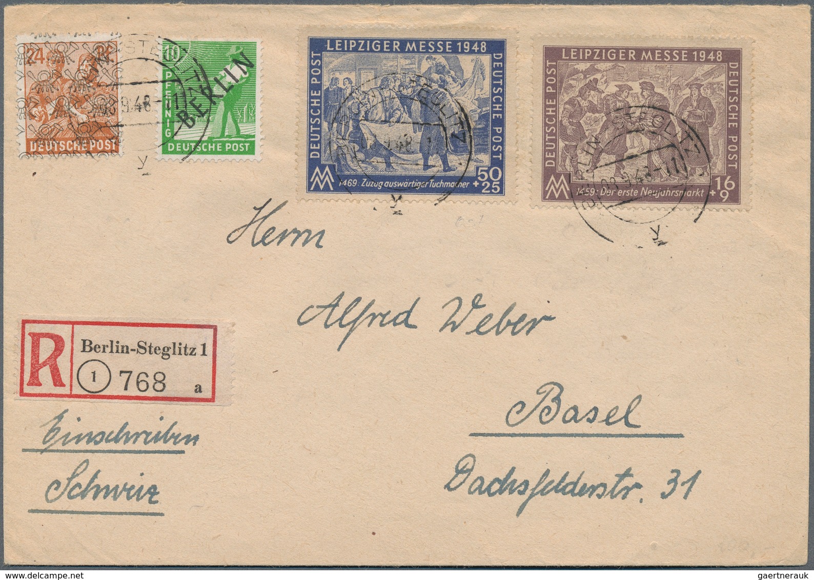 Berlin: 1948, 10 Pfg. Schwarzaufdruck In Mischfrankatur Mit SBZ 50 Pfg. Und 16 Pfg. Leipziger Messe - Used Stamps