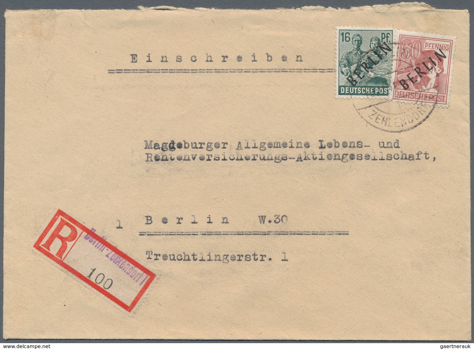 Berlin: 1948, Schwarzaufdruck 16 Pf. und 60 Pf. jeweils auf fünf R-Briefen als portogerechte 76 Pf.-