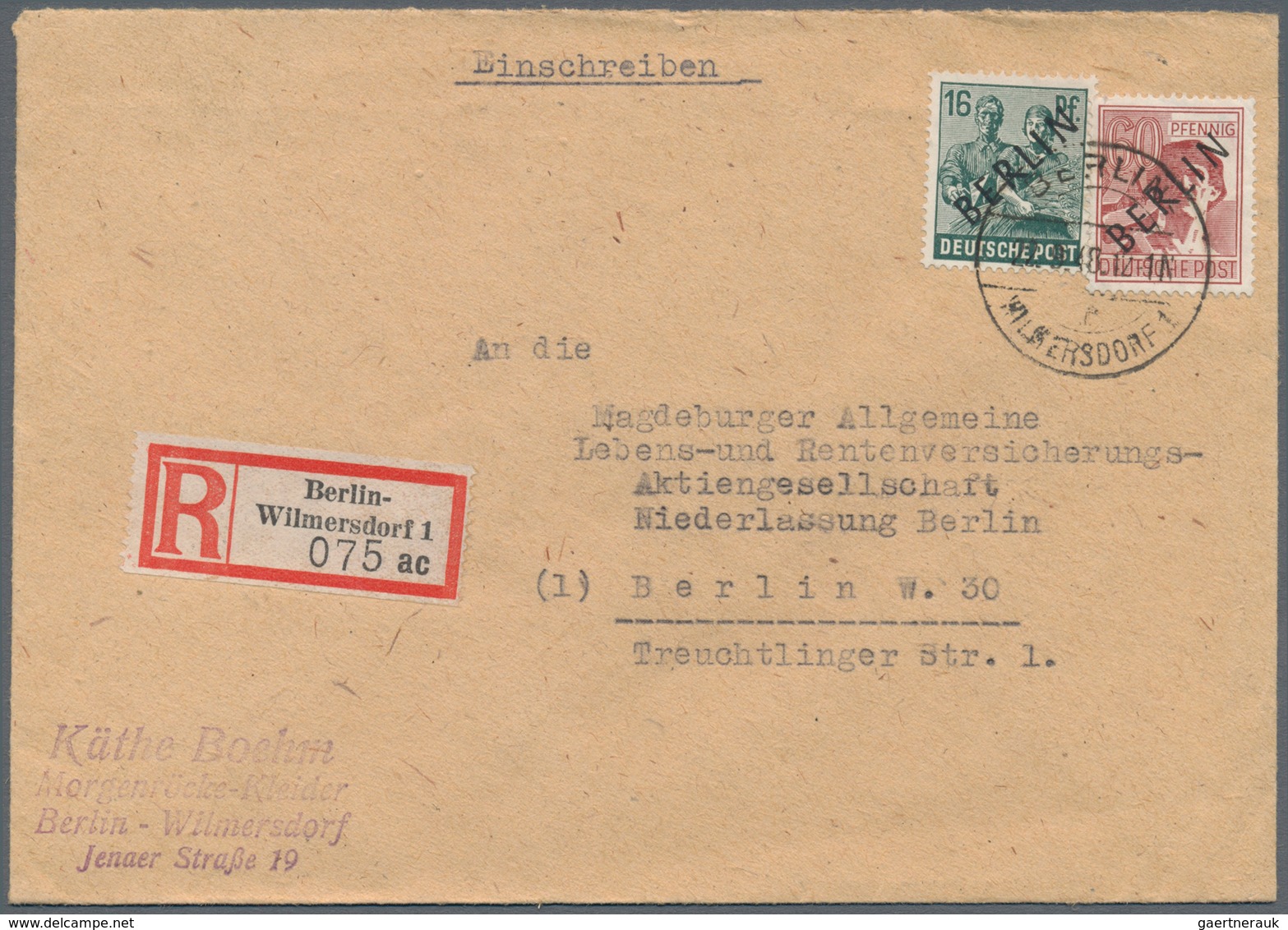 Berlin: 1948, Schwarzaufdruck 16 Pf. und 60 Pf. jeweils auf fünf R-Briefen als portogerechte 76 Pf.-