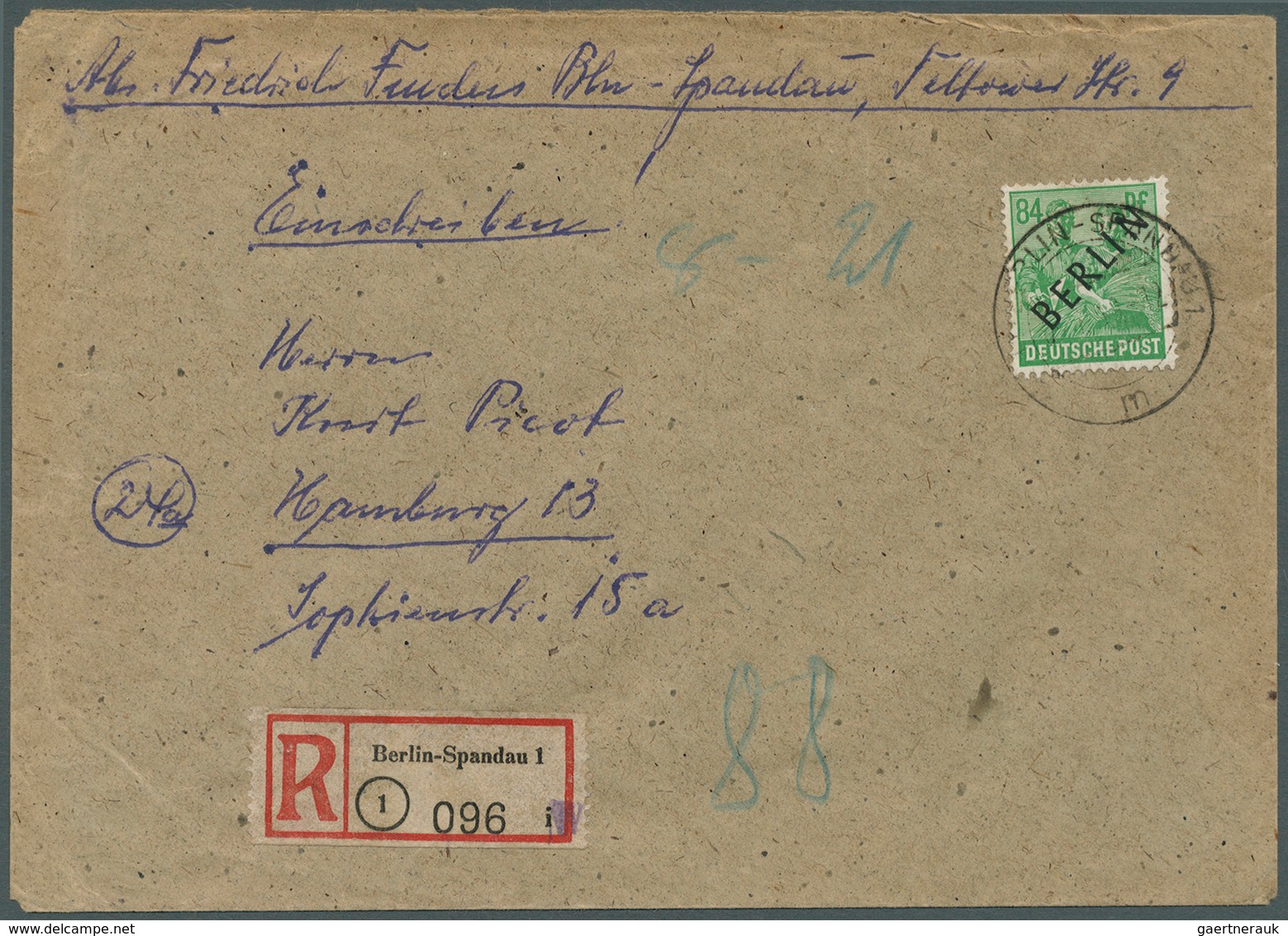 Berlin: 1948, 84 Pf Schwarzaufdruck Auf Einschreib-Fernbrief Aus BERLIN-SPANDAU 1, 1.49 Mit R-Zettel - Used Stamps