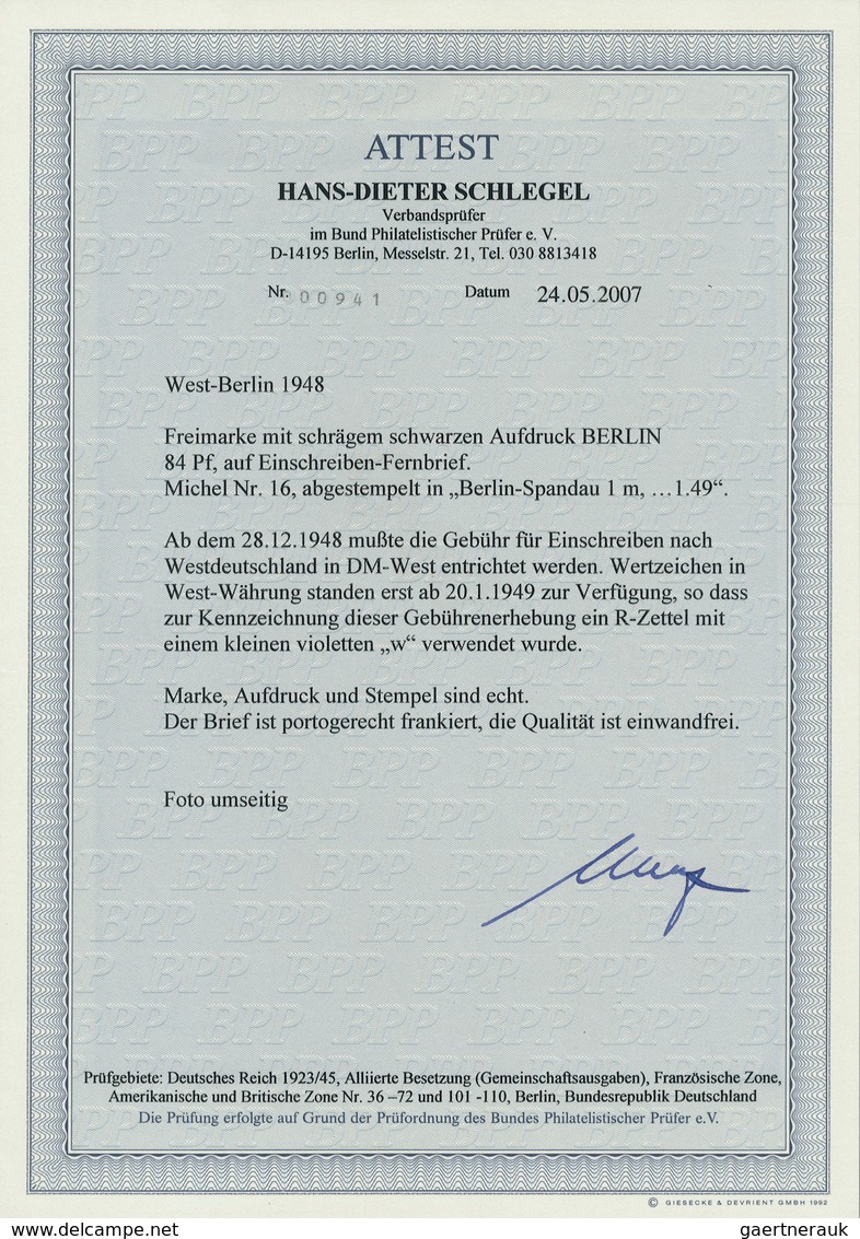 Berlin: 1948, 84 Pf Schwarzaufdruck Auf Einschreib-Fernbrief Aus BERLIN-SPANDAU 1, 1.49 Mit R-Zettel - Used Stamps