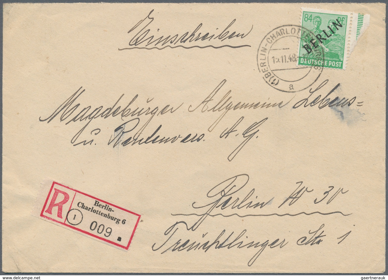 Berlin: 1948 (15.11.), Schwarzaufdruck 84 Pf. (mit Teil Des Rechten Randes) Als Einzelfrankatur Auf - Used Stamps